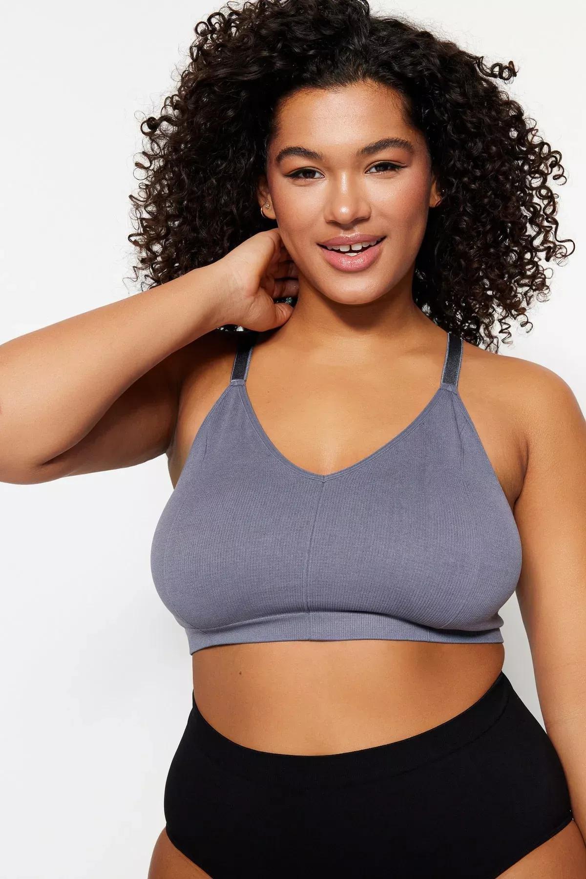 Gray High Straps Plus Size Bra, Gray, medium