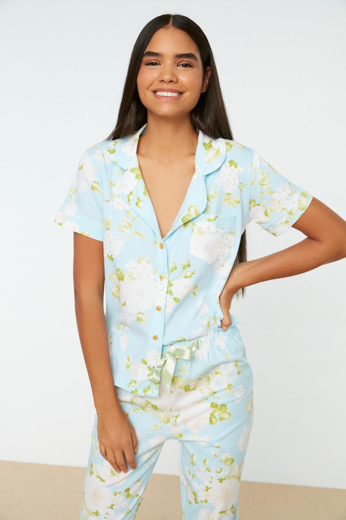 Blue Floral Mid Waist Pajama Set, , large image number 1