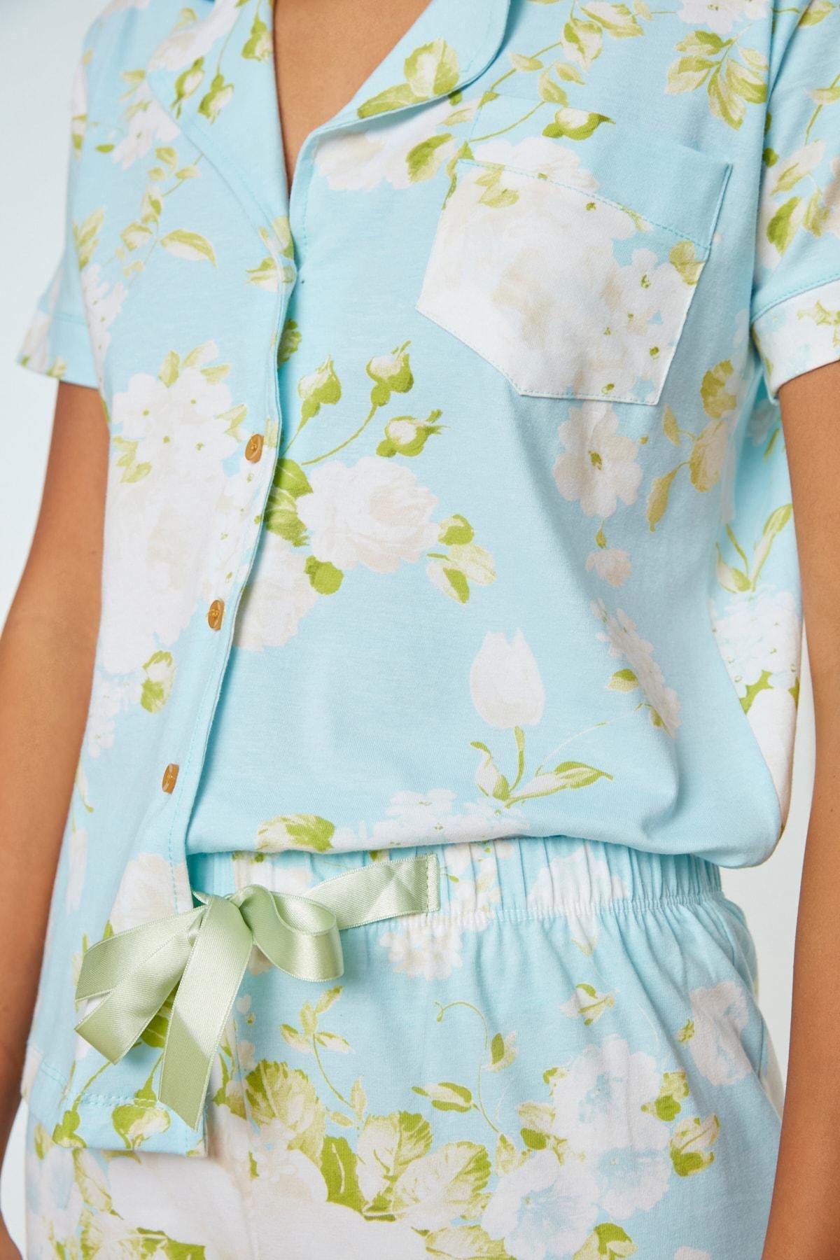 Blue Floral Mid Waist Pajama Set, , large image number 2