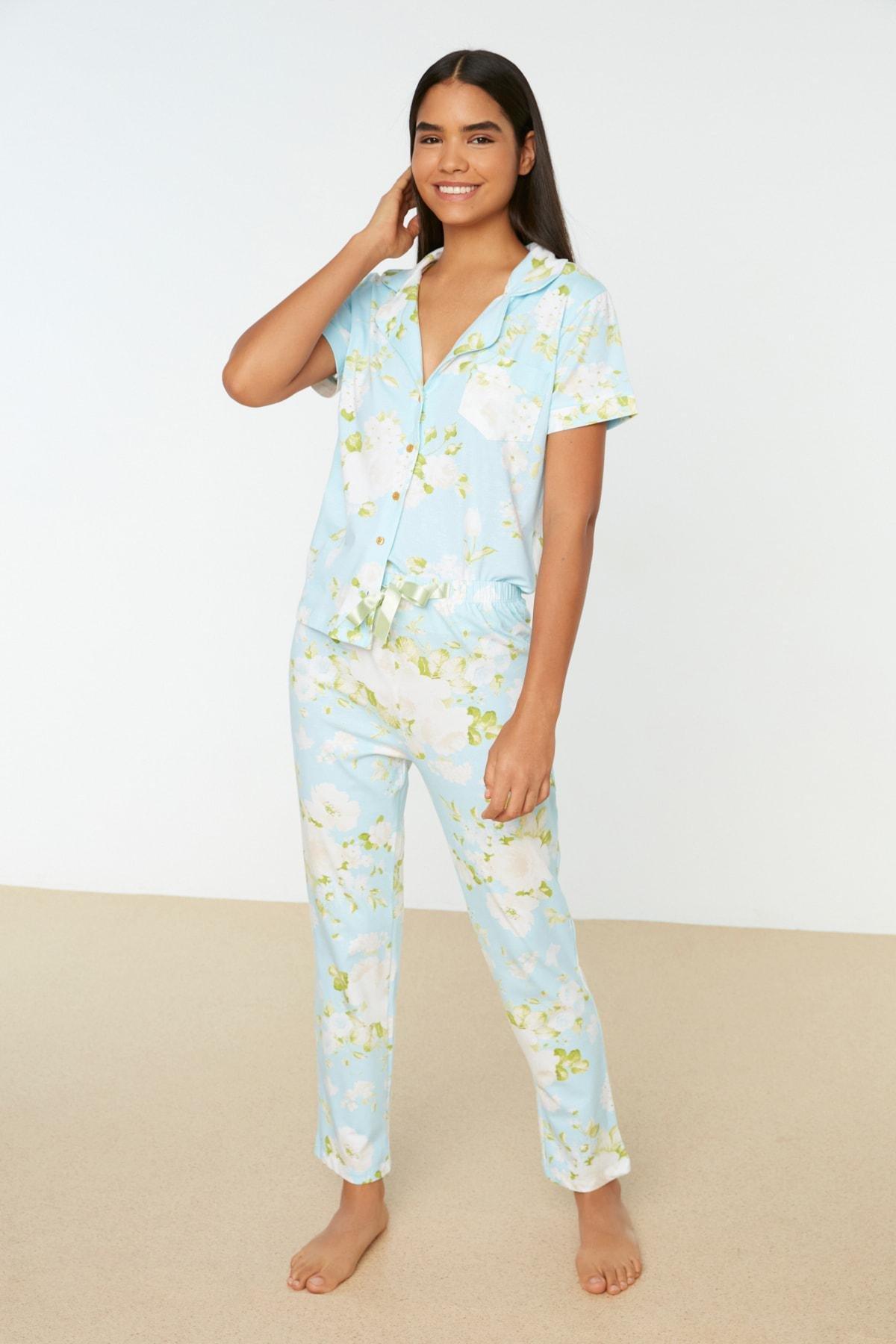 Blue Floral Mid Waist Pajama Set, , large image number 4
