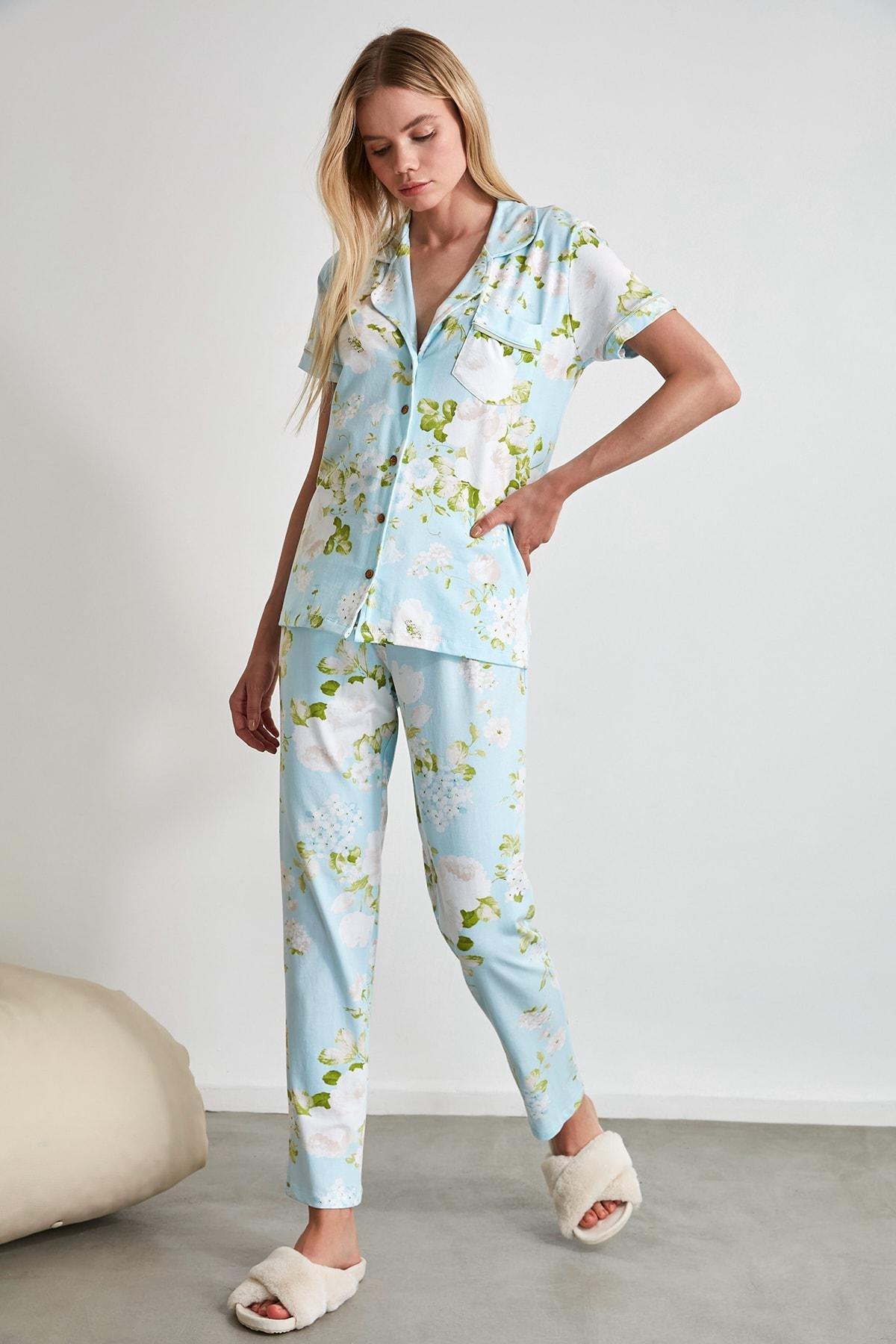 Blue Floral Mid Waist Pajama Set, , large image number 6