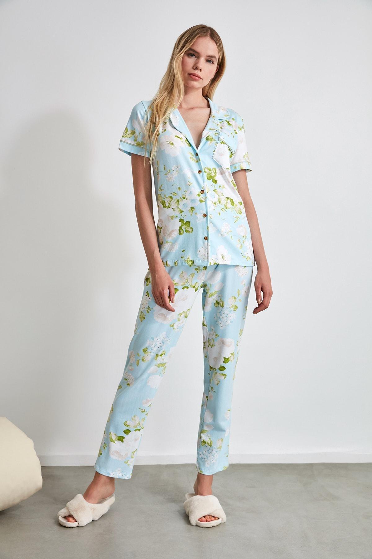 Blue Floral Mid Waist Pajama Set, , large image number 7