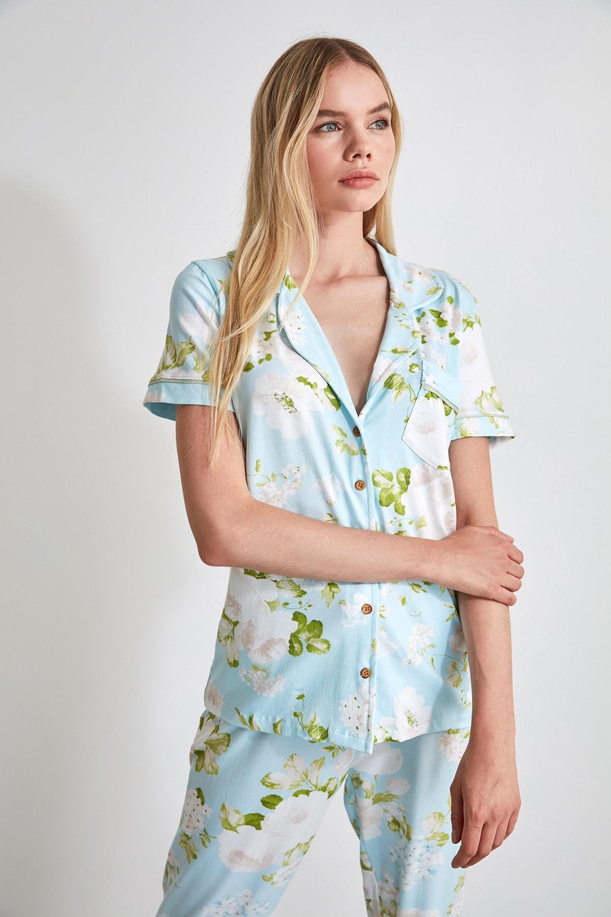 Blue Floral Mid Waist Pajama Set, , large image number 8