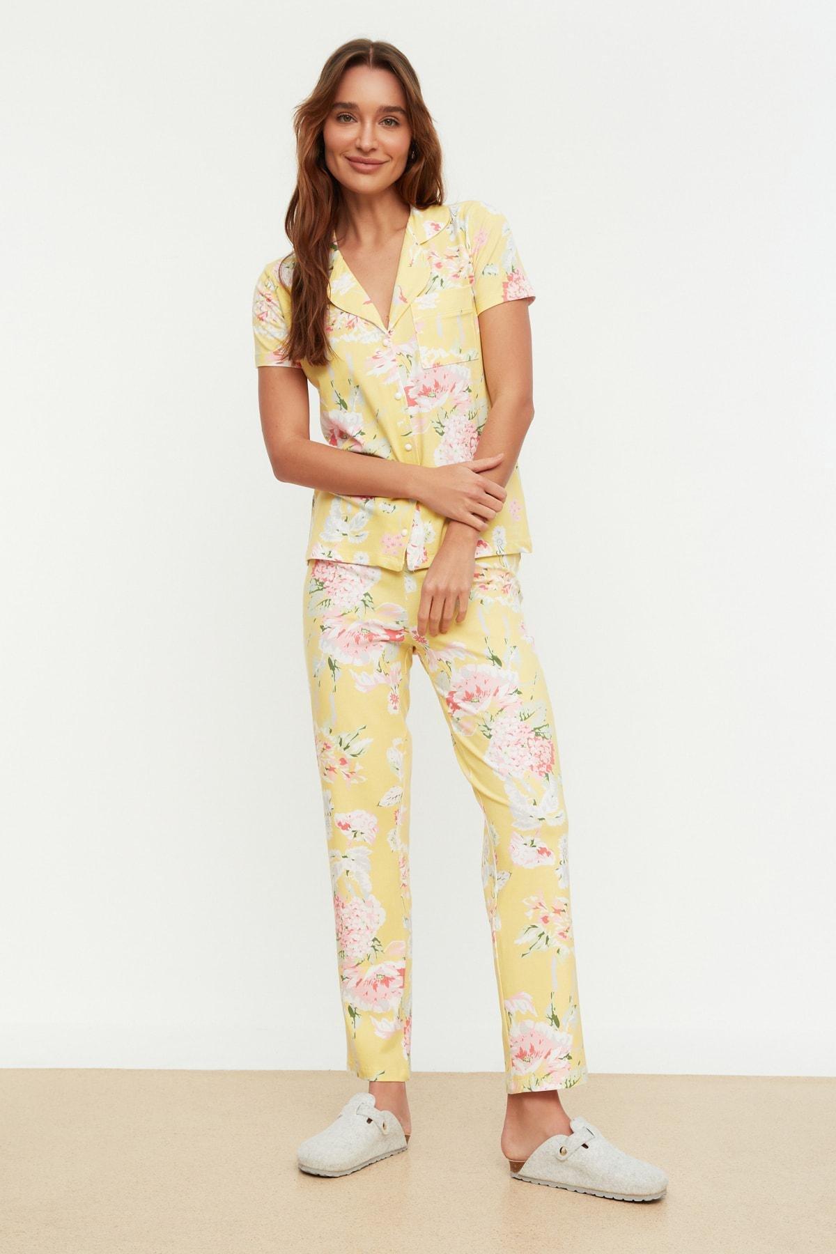 Yellow Floral Mid Waist Pajama Set, , large image number 0