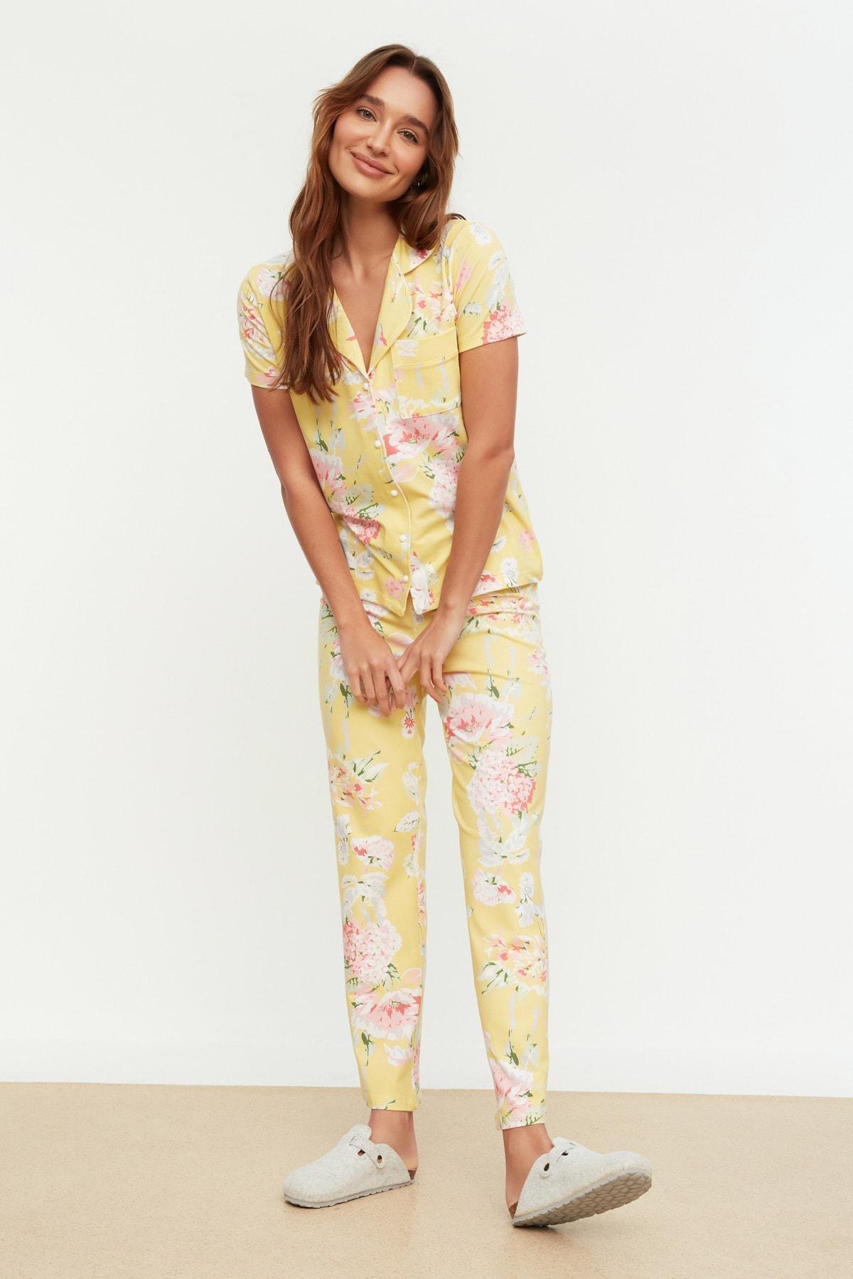 Yellow Floral Mid Waist Pajama Set, , large image number 1