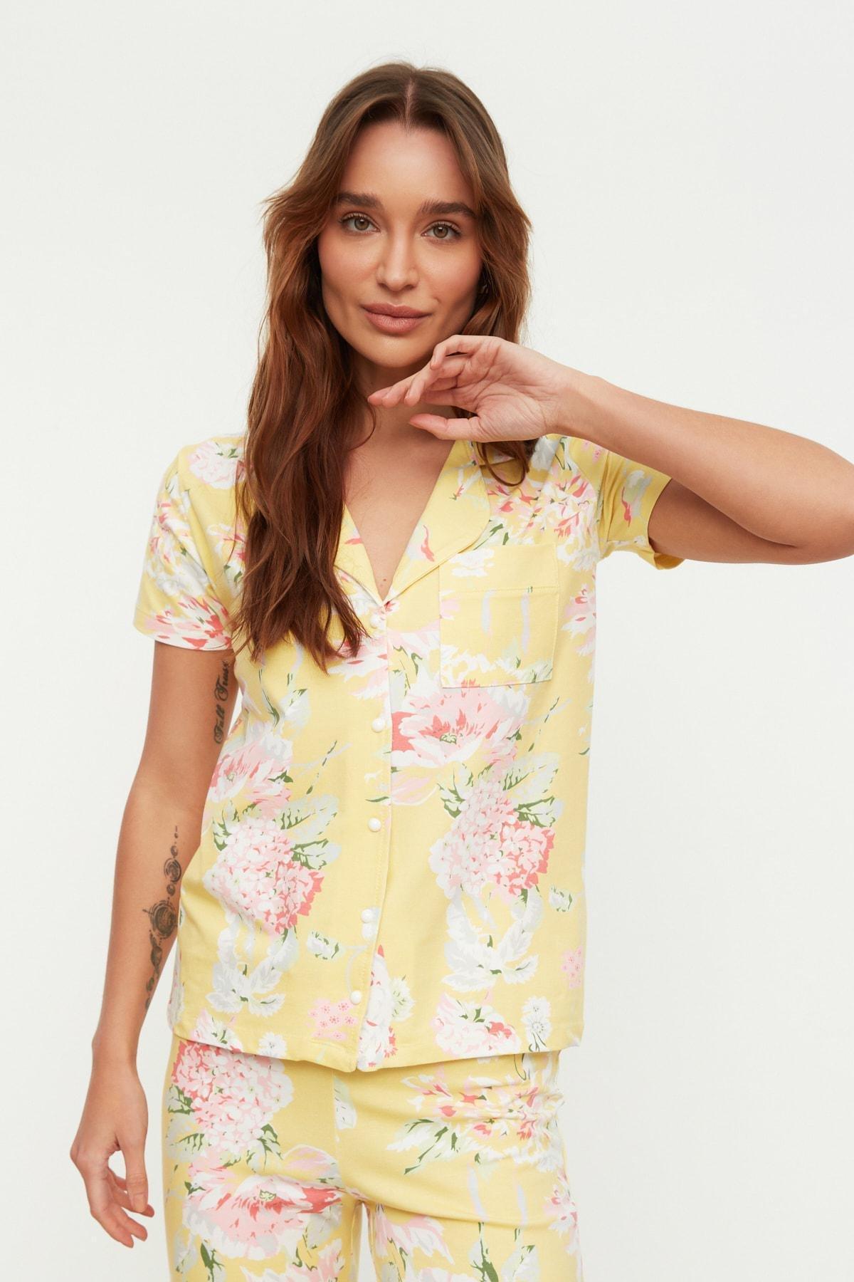 Yellow Floral Mid Waist Pajama Set, , large image number 2