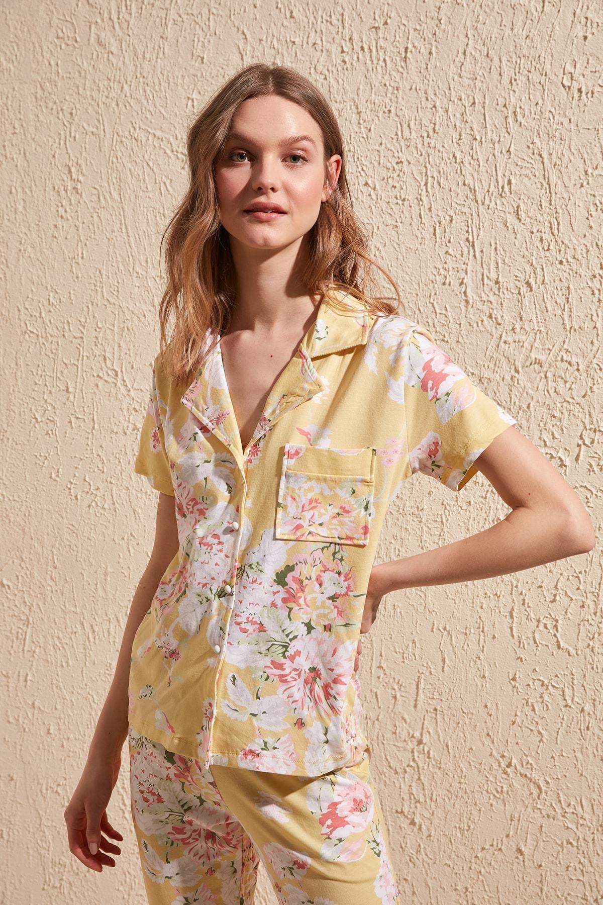 Yellow Floral Mid Waist Pajama Set, , large image number 6