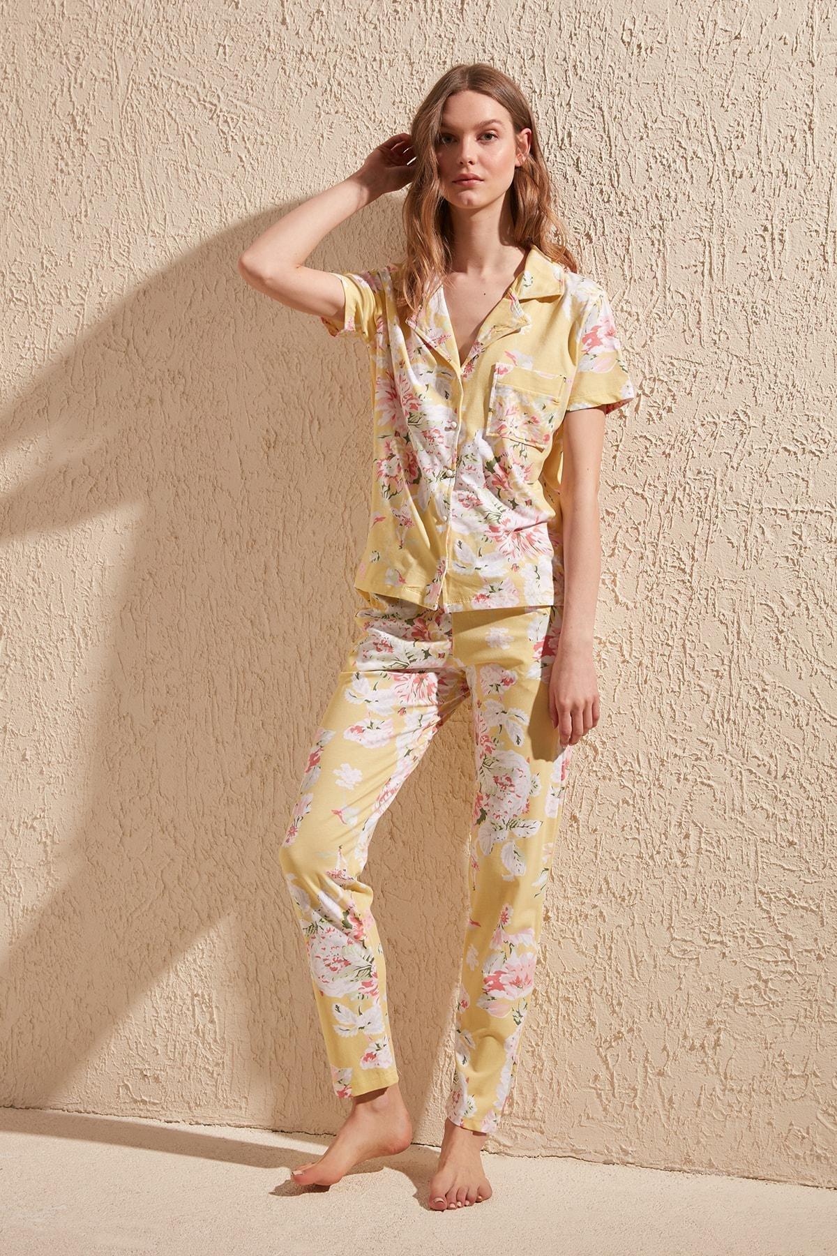 Yellow Floral Mid Waist Pajama Set, , large image number 7
