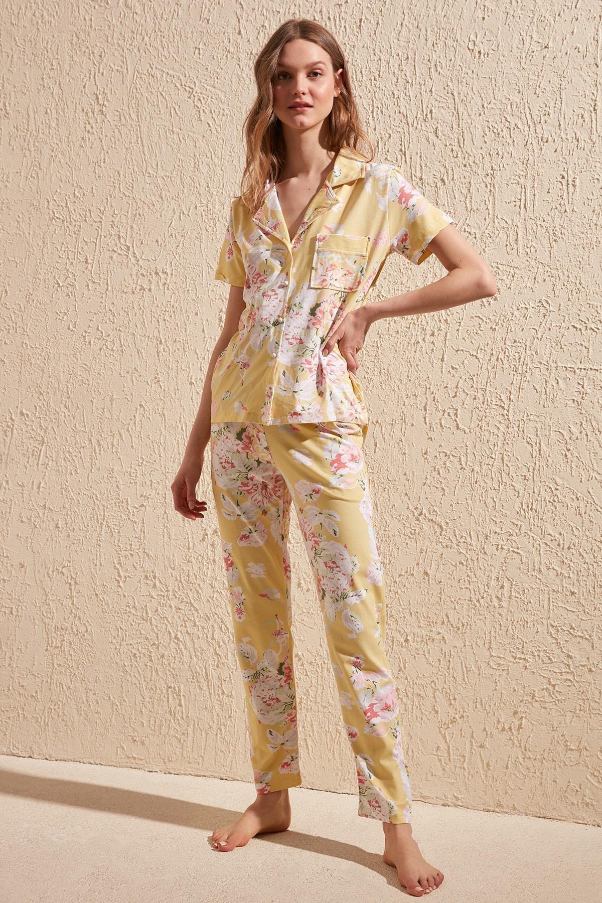 Yellow Floral Mid Waist Pajama Set, , large image number 8