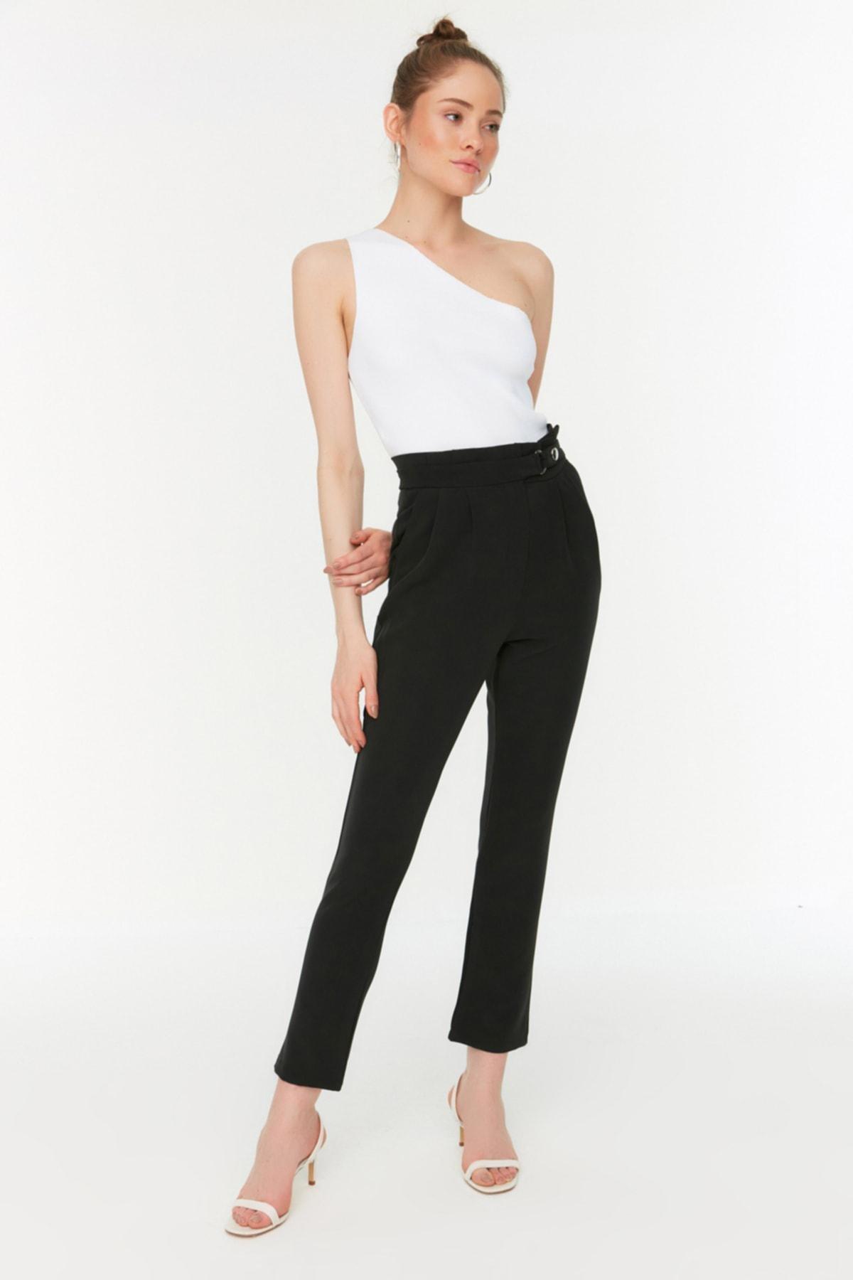 Black Plain High Waist Carrot Pants, , large image number 1