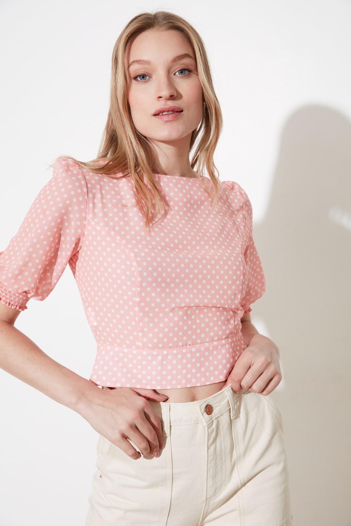 Pink Polka Dot Boat Neck Blouse, , large image number 0