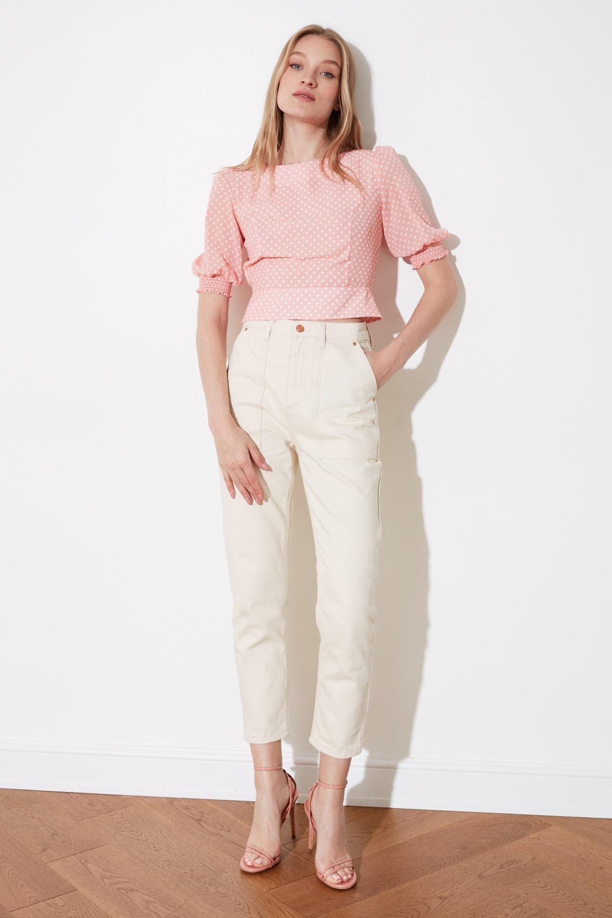 Pink Polka Dot Boat Neck Blouse, , large image number 1