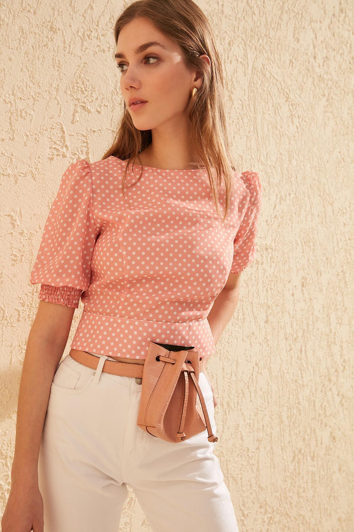 Pink Polka Dot Boat Neck Blouse, , large image number 6
