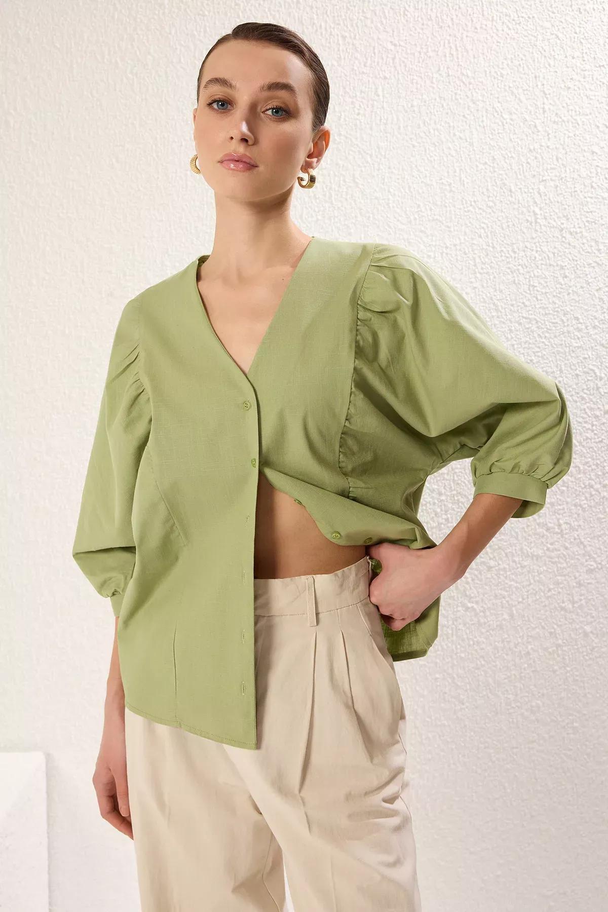 Green Bat Sleeve Woven Shirt, , large image number 0