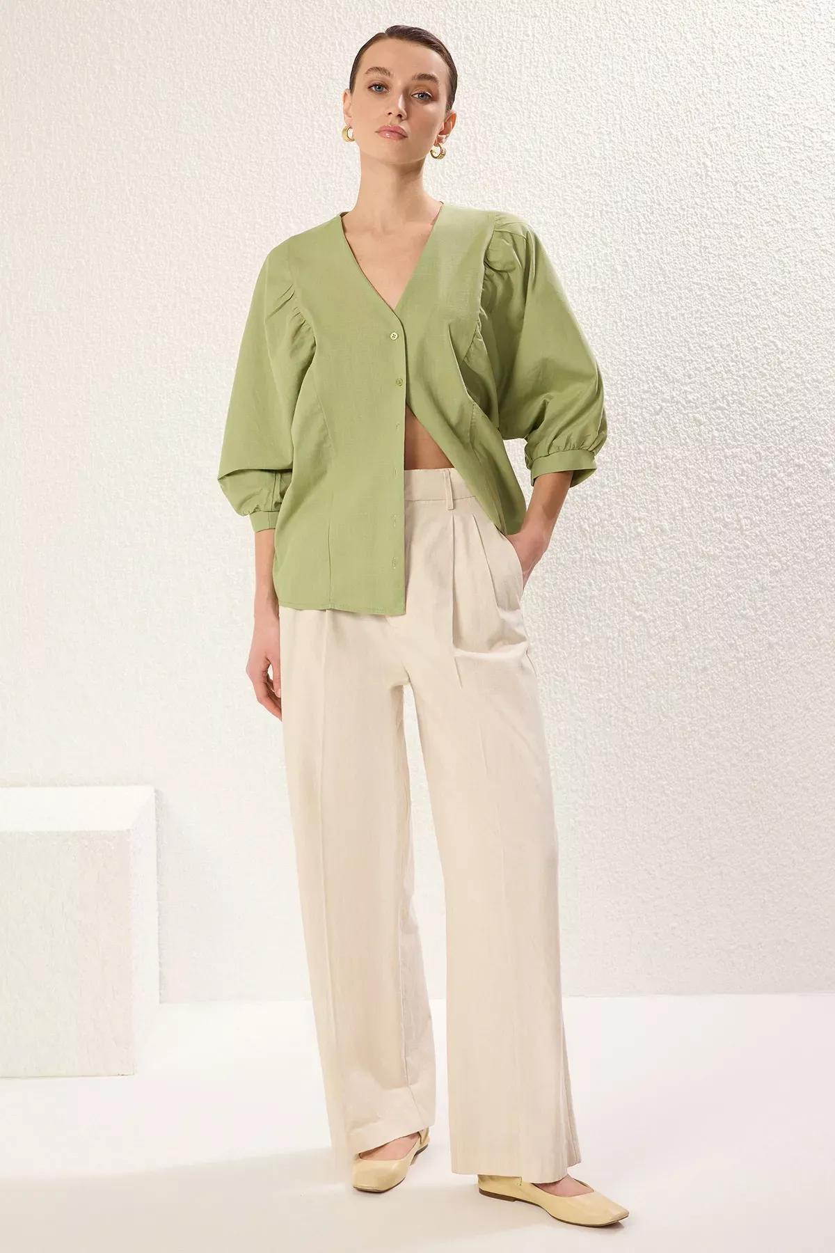 Green Bat Sleeve Woven Shirt, , large image number 1