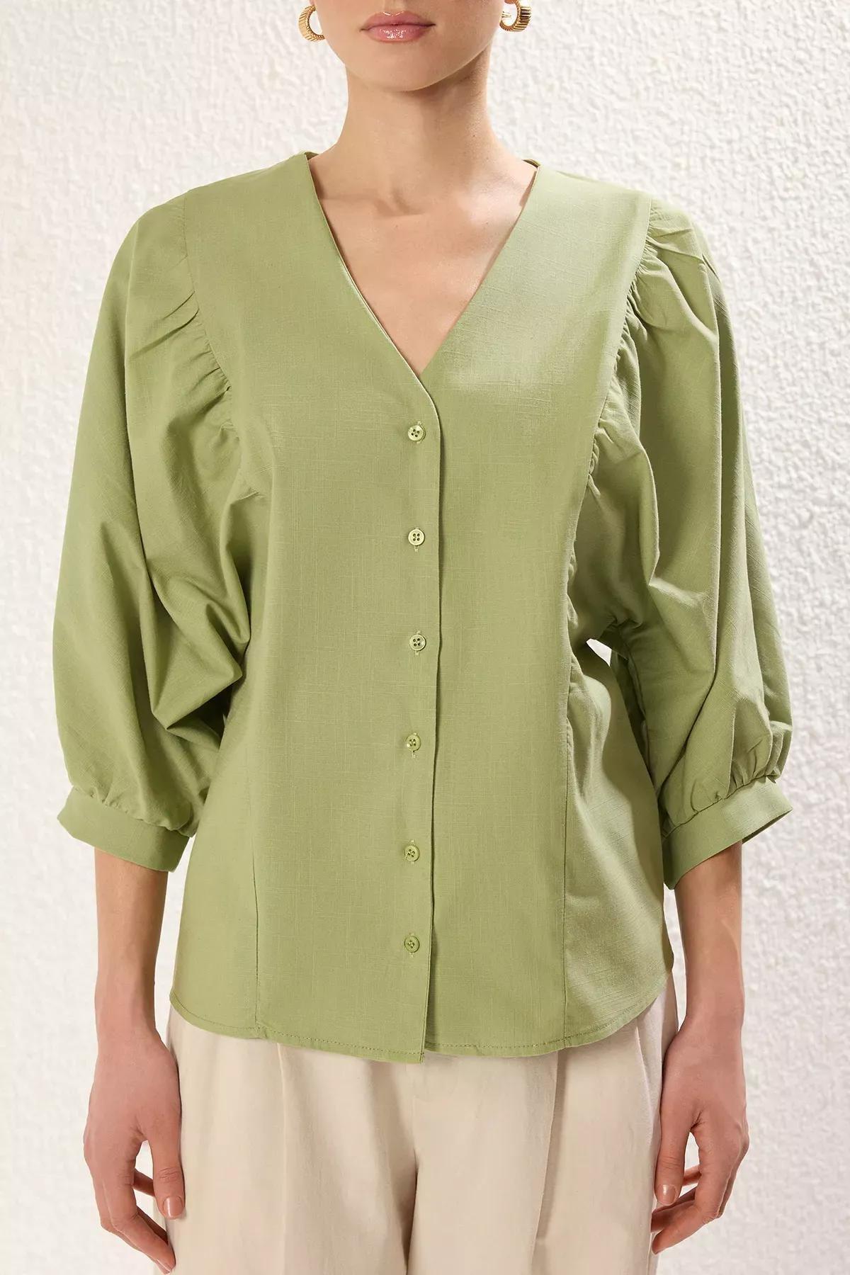 Green Bat Sleeve Woven Shirt, , large image number 2