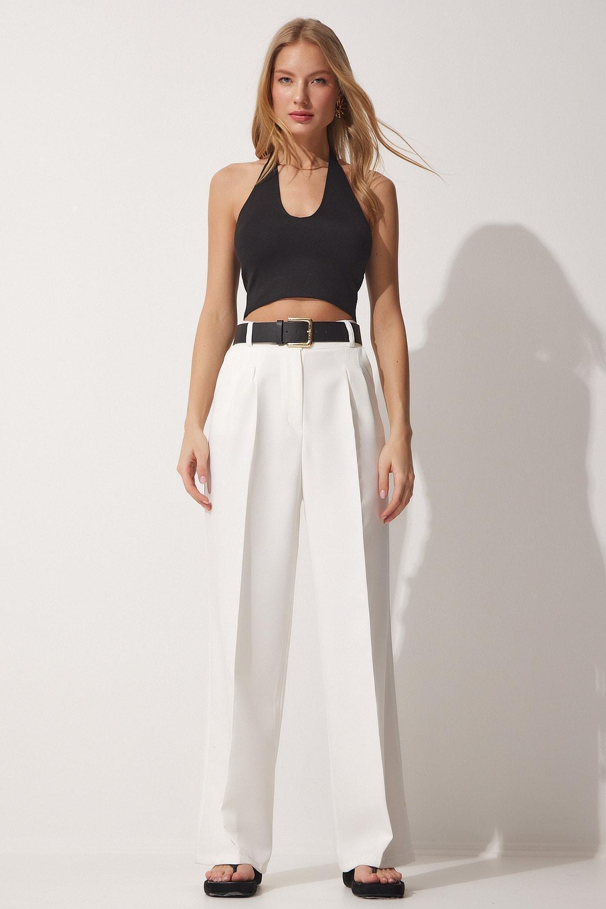 White Straight Pants, White, large image number 0