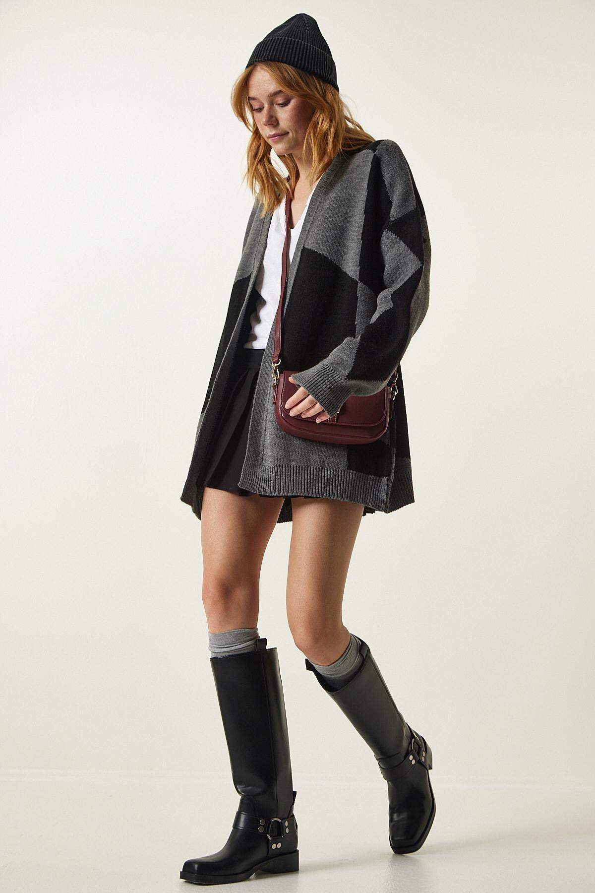 Grey Patterned Thick Cardigan Jacket, Gray Black, large image number 1
