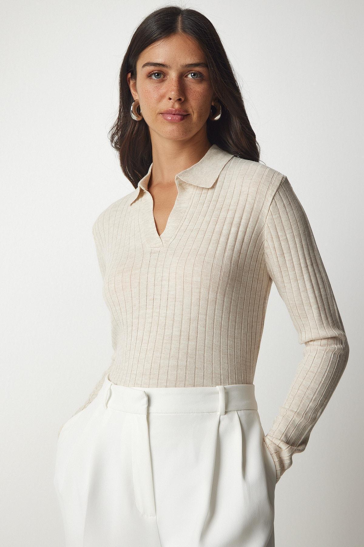 Cream Polo Neck Corduroy Knitwear Sweater, Cream, large image number 0