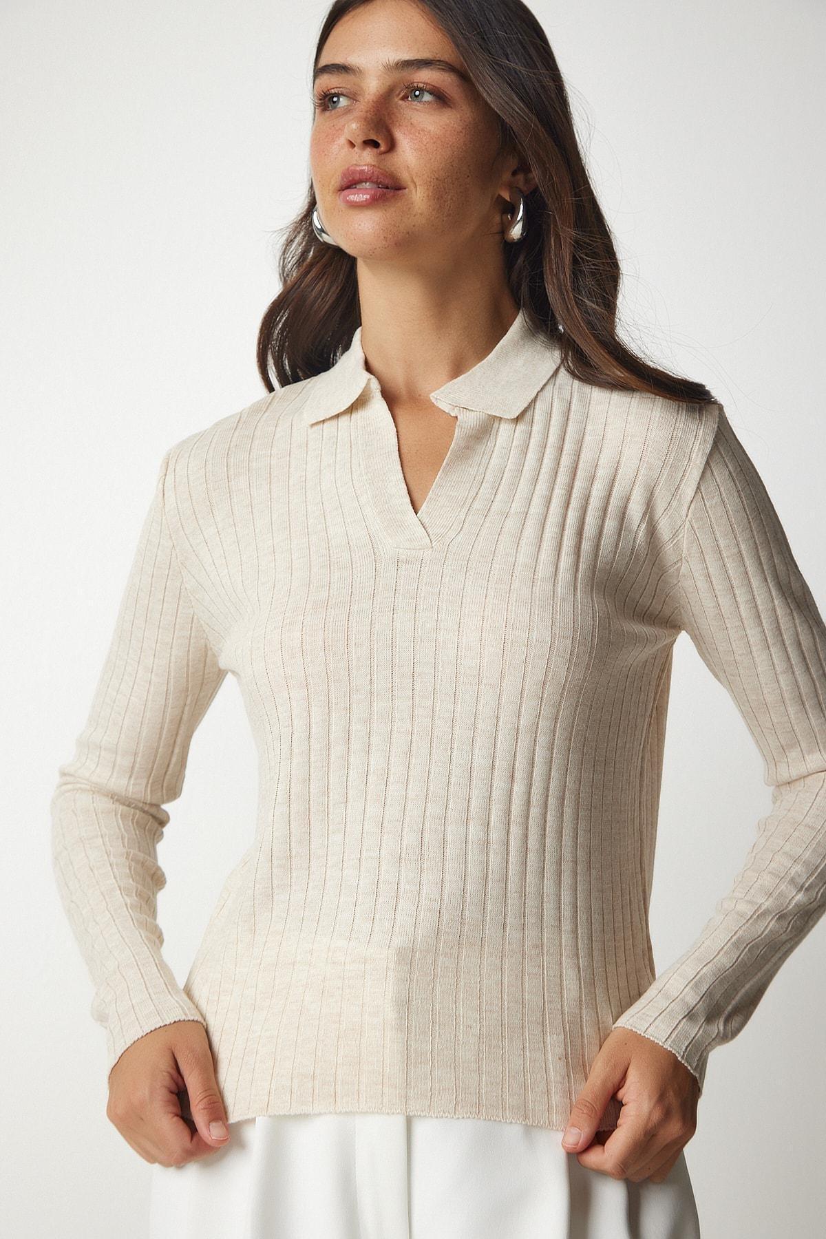 Cream Polo Neck Corduroy Knitwear Sweater, Cream, large image number 3