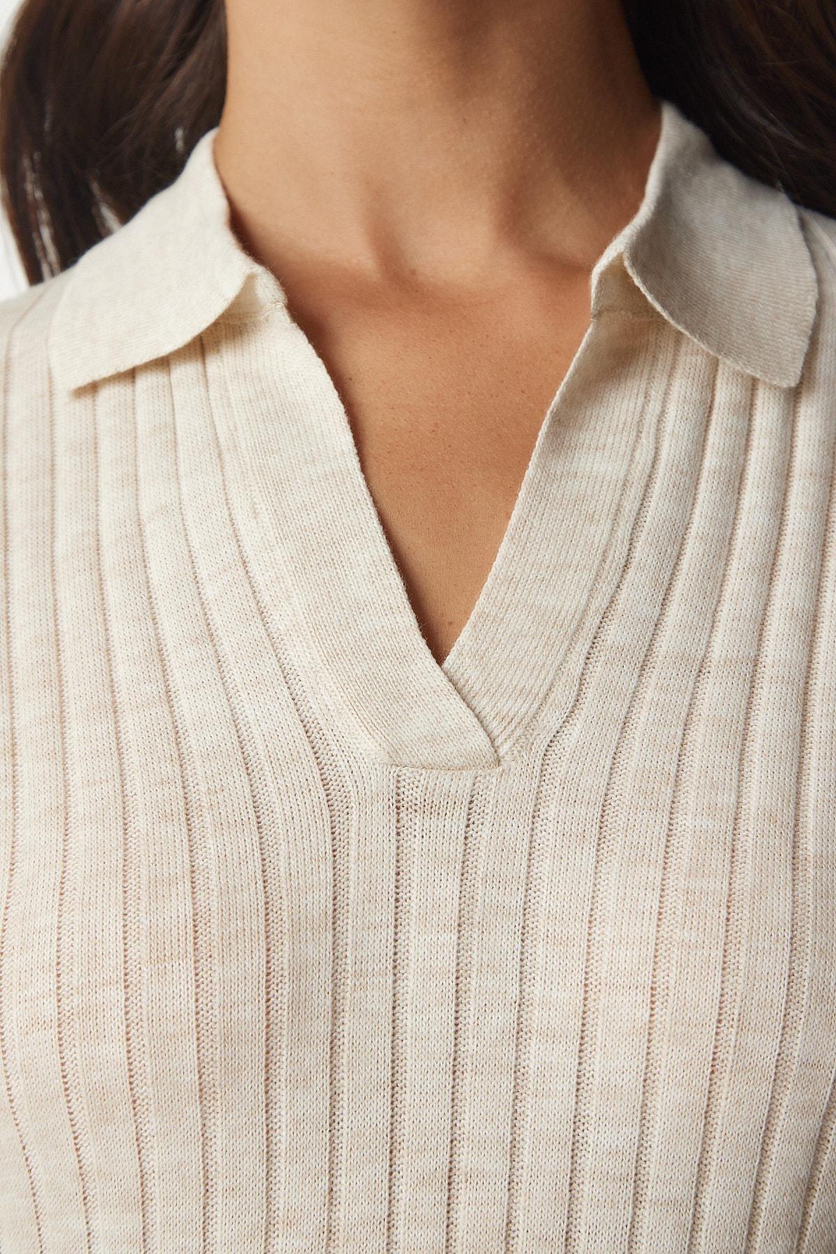 Cream Polo Neck Corduroy Knitwear Sweater, Cream, large image number 4