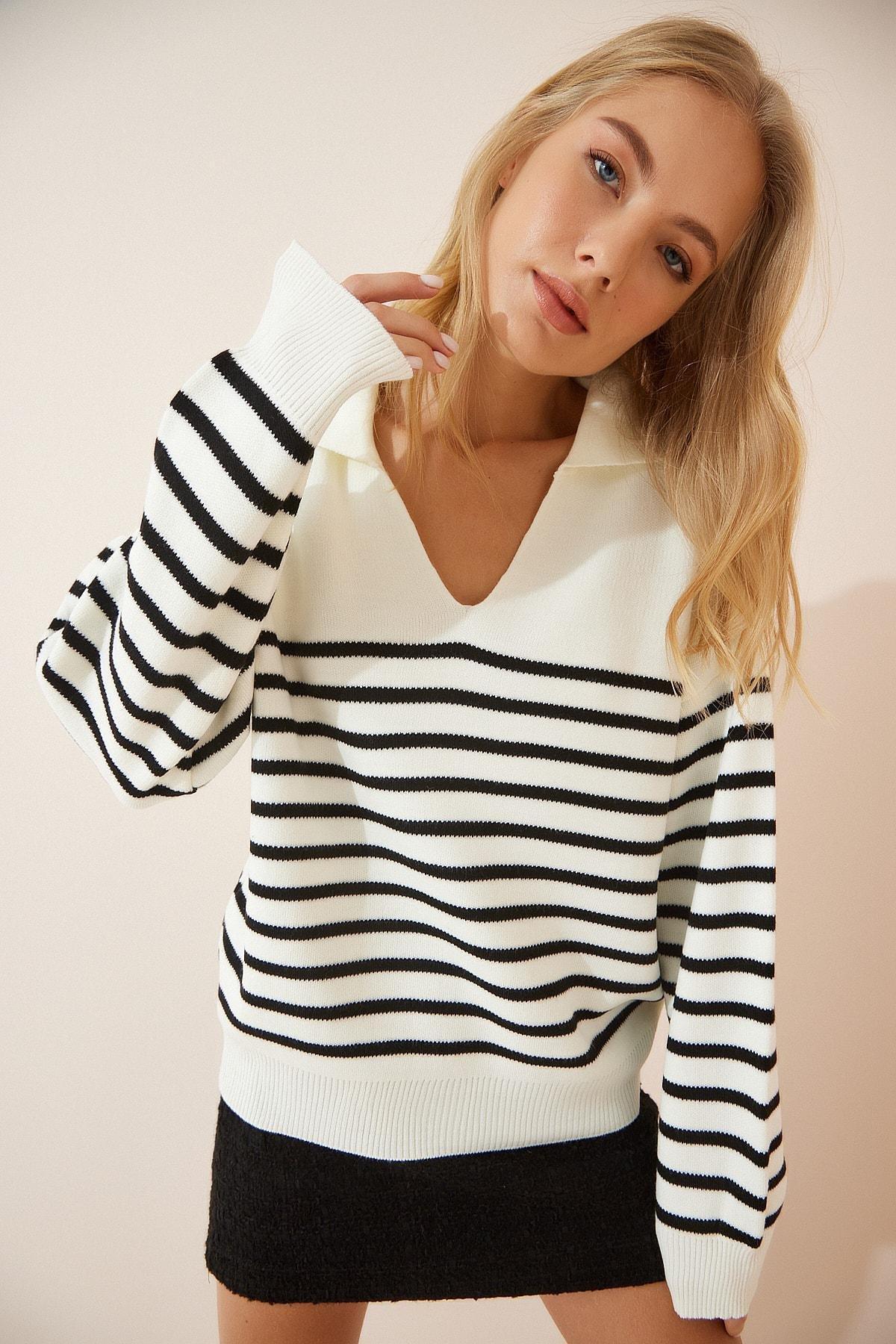 White Polo Neck Striped Sweater, , large image number 0