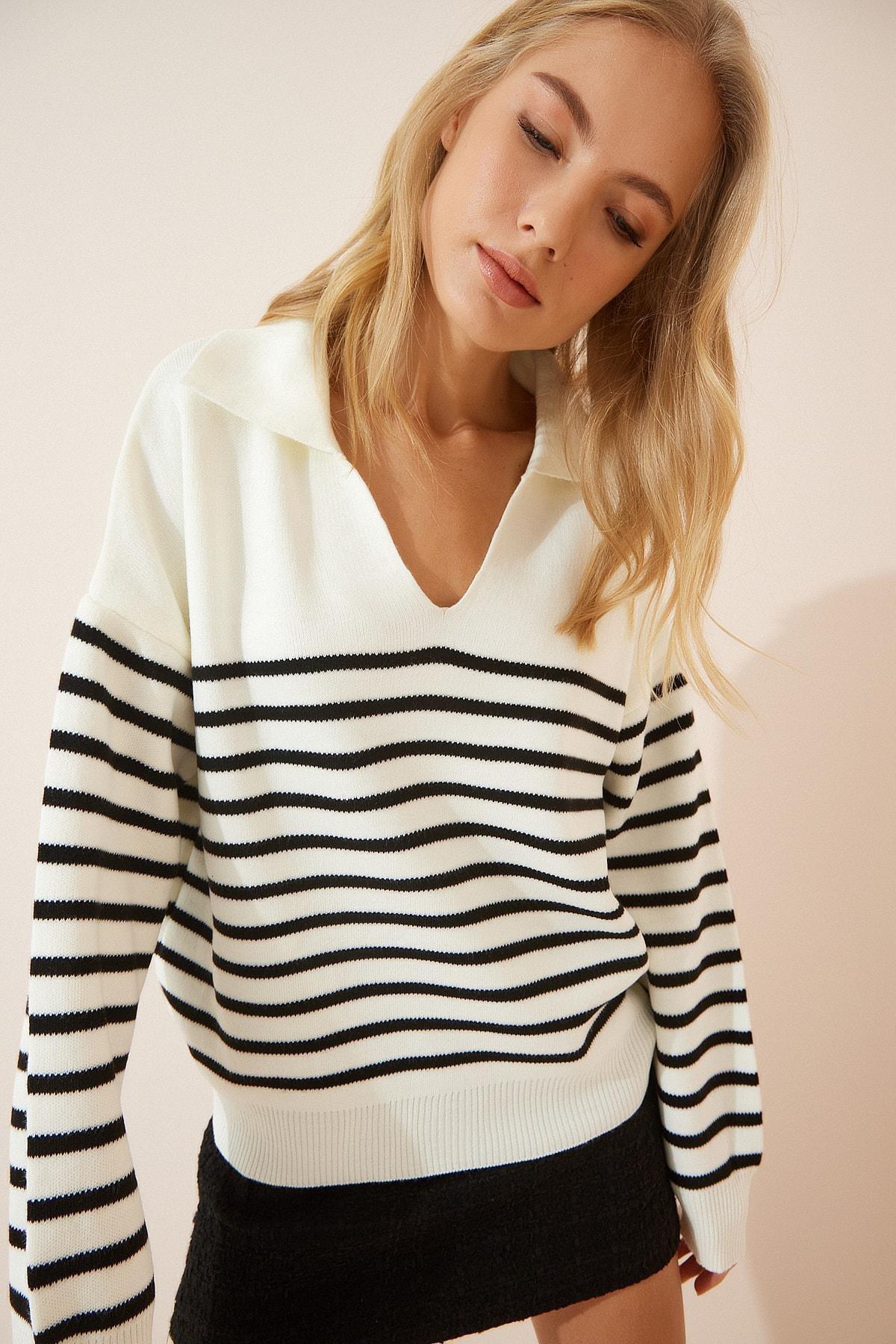 White Polo Neck Striped Sweater, , large image number 1