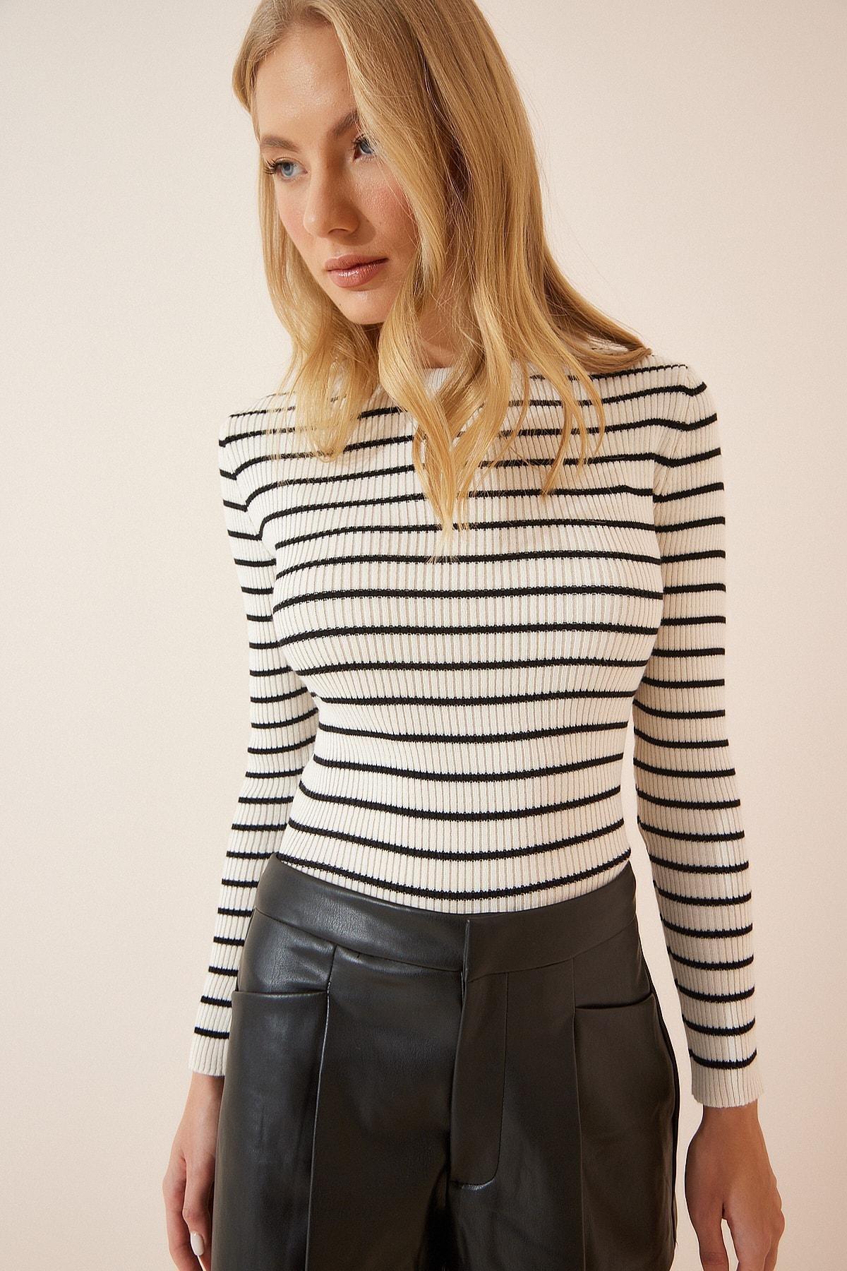 Cream Crew Neck Striped Sweater, Bone, large image number 2