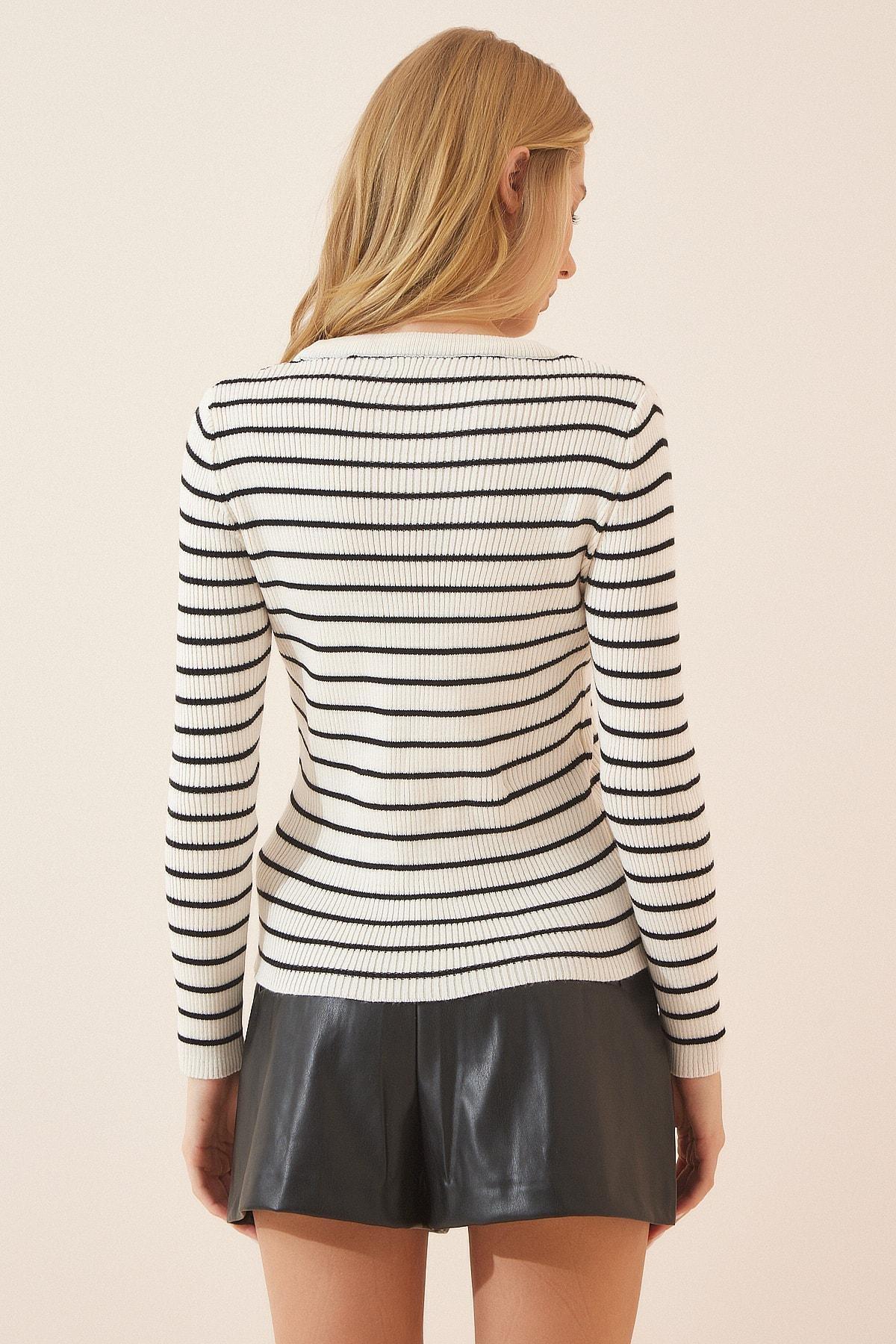 Cream Crew Neck Striped Sweater, Bone, large image number 4