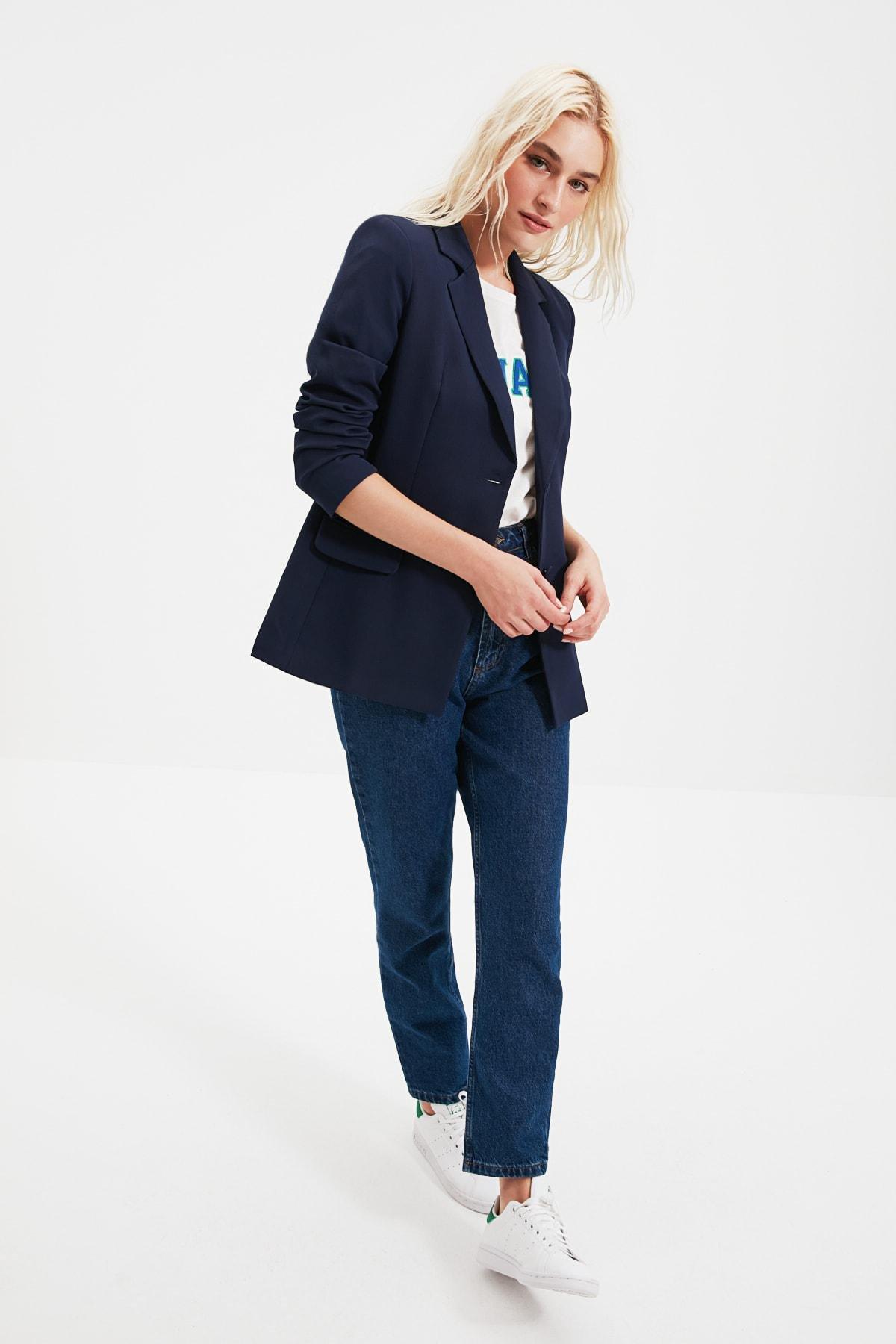 Navy Lapel Collar Jacket, Dark blue, medium