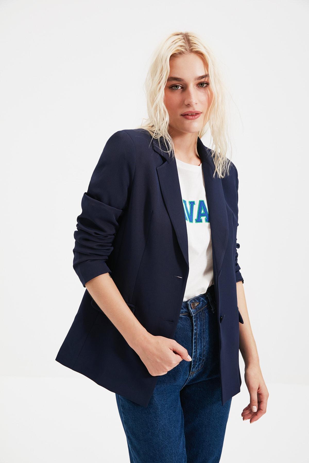 Navy Lapel Collar Jacket, Dark blue, medium