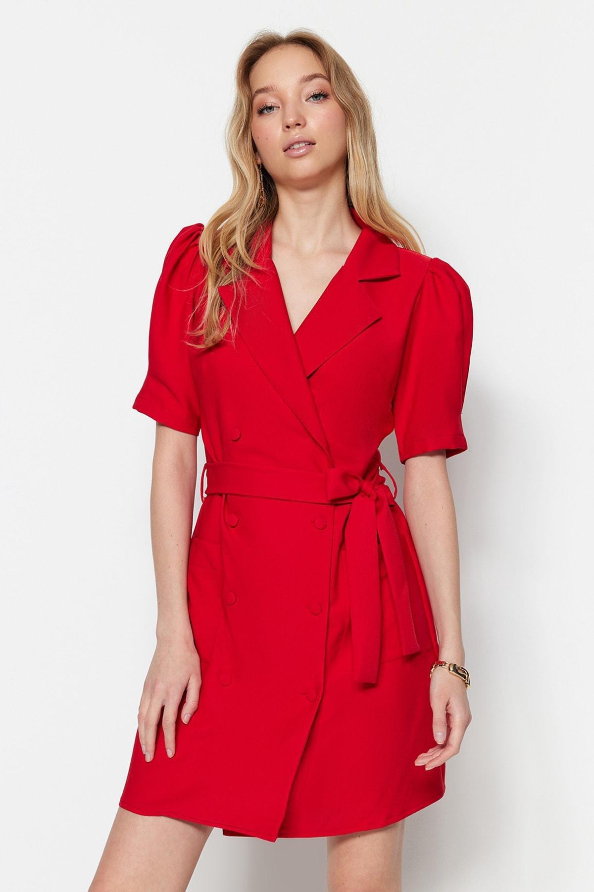 Red Crew Neck Blazer Dress, , large image number 0