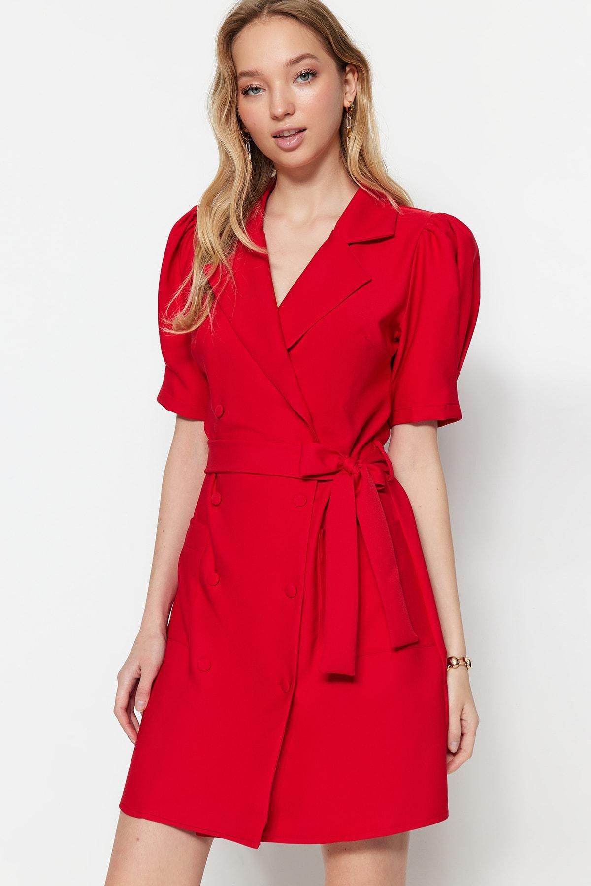 Red Crew Neck Blazer Dress, , large image number 1