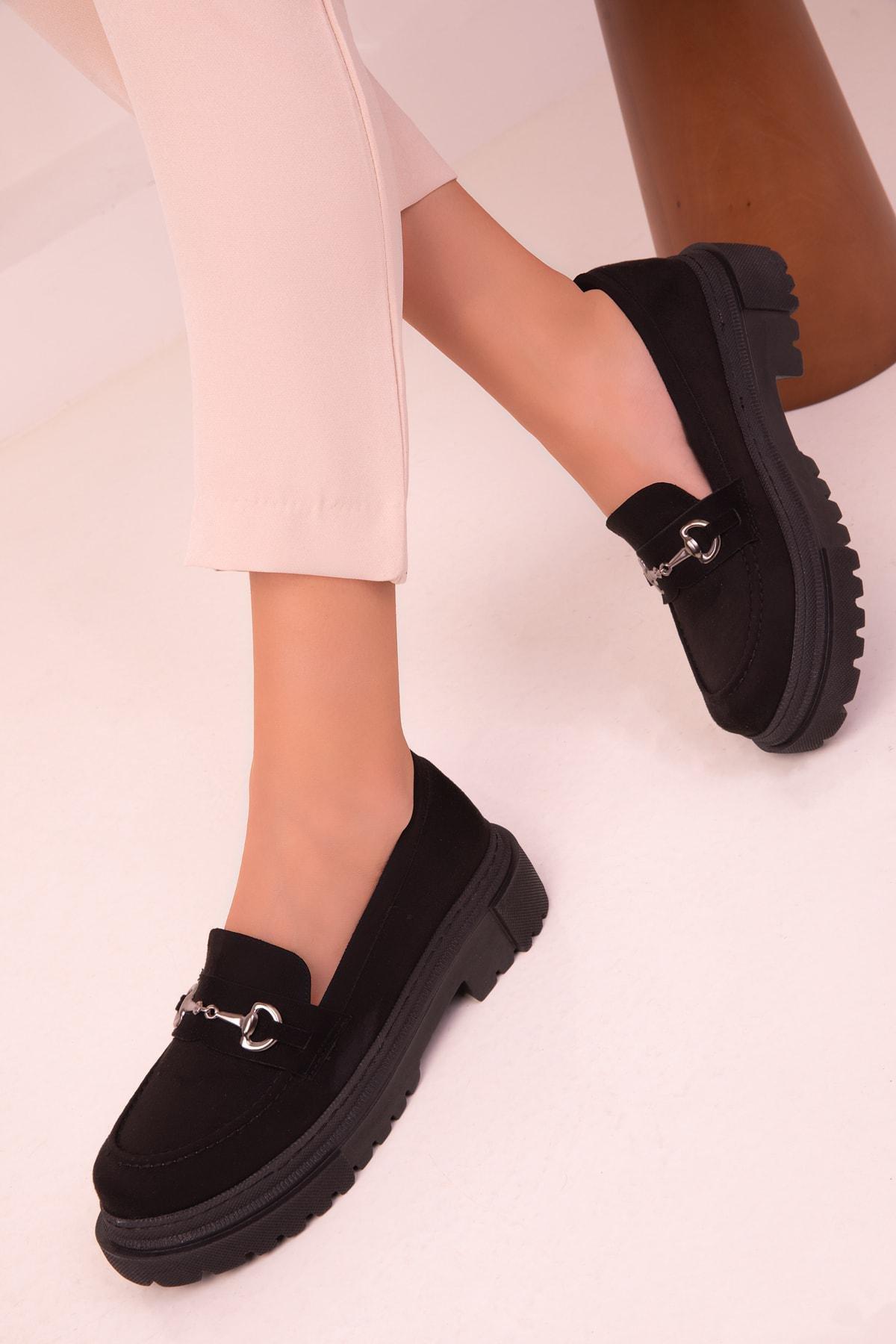 Black Suede Chain Detailed Loafers, , large image number 1