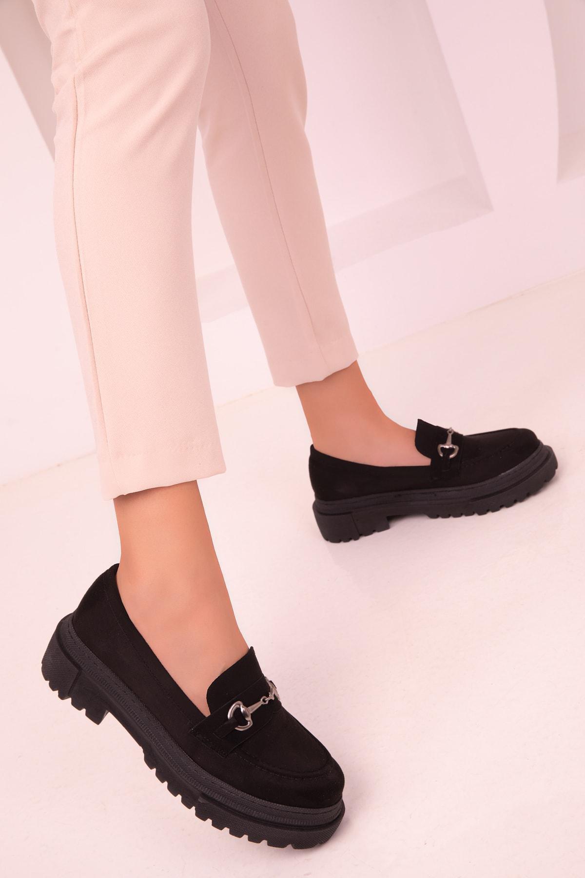 Black Suede Chain Detailed Loafers, , large image number 3