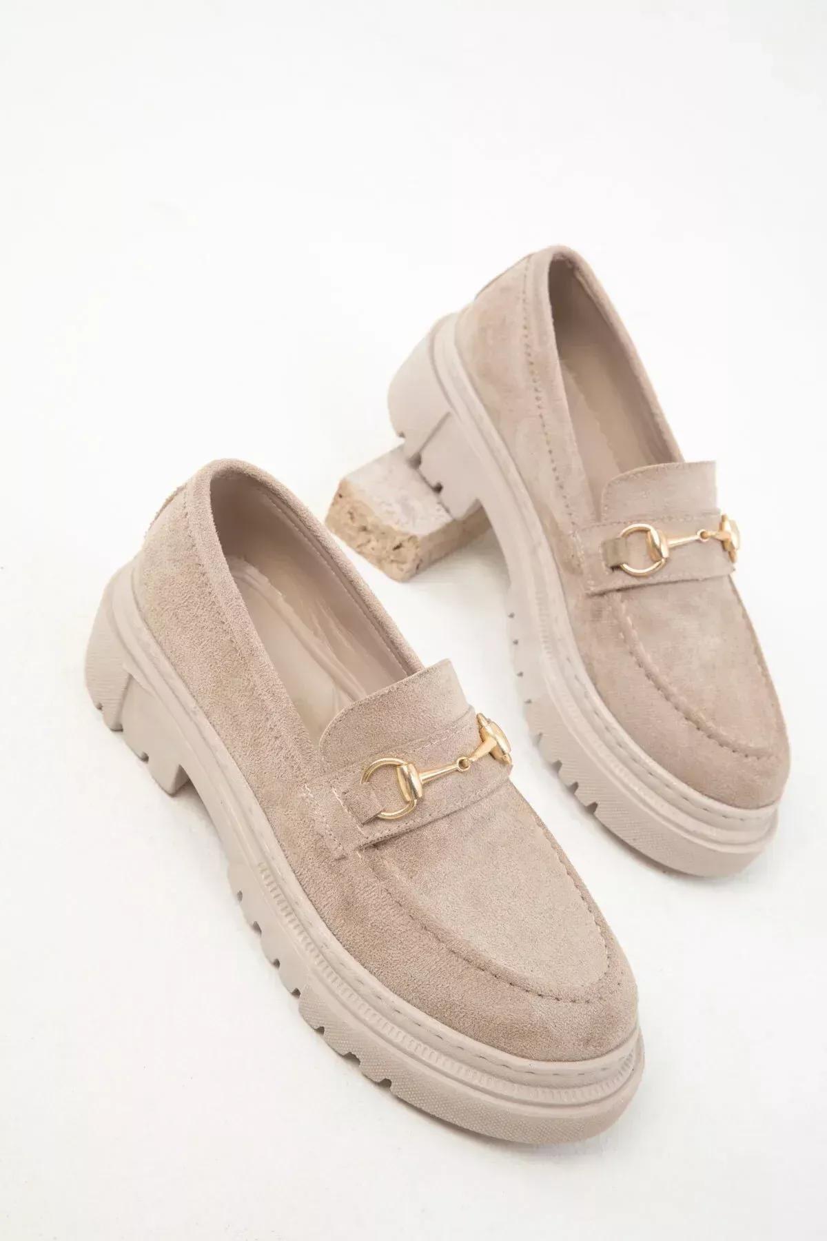 Beige Suede Chain Detailed Loafers, C101_3847, large image number 0