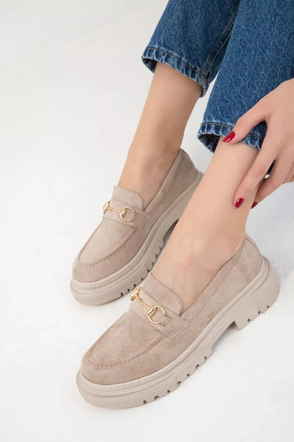 Beige Suede Chain Detailed Loafers, C101_3847, medium