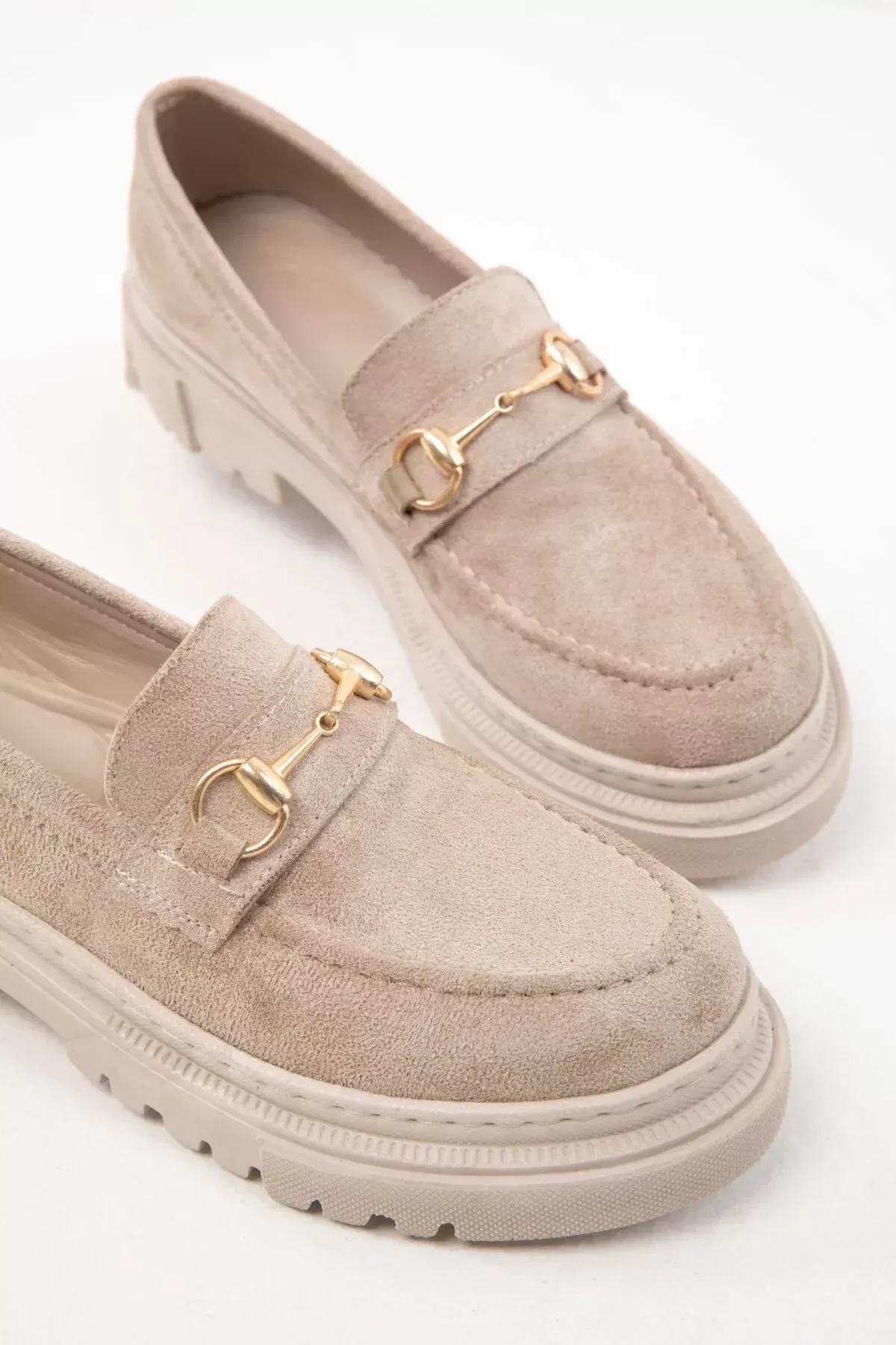 Beige Suede Chain Detailed Loafers, C101_3847, medium