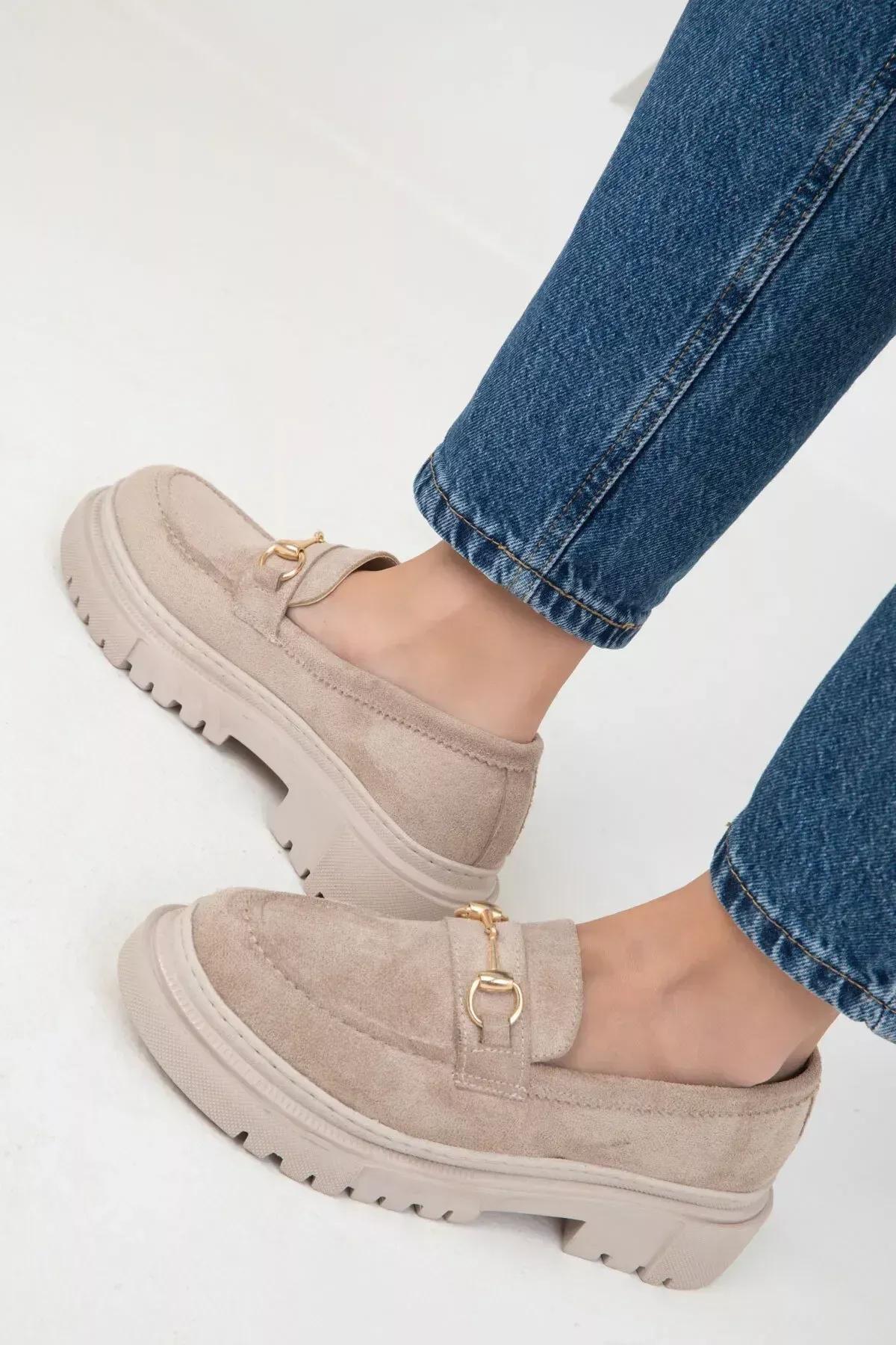 Beige Suede Chain Detailed Loafers, C101_3847, large image number 4