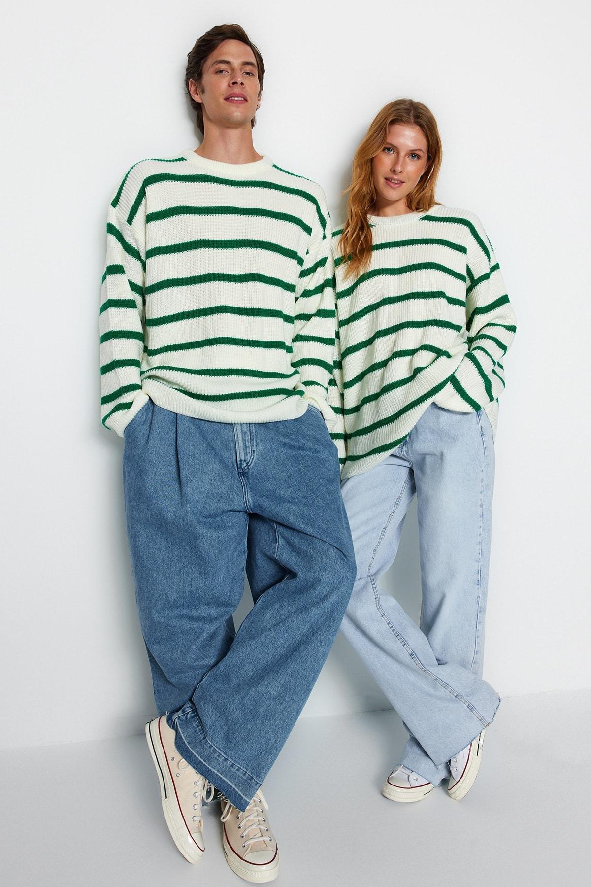 Green Striped Oversize Sweater, , large image number 0