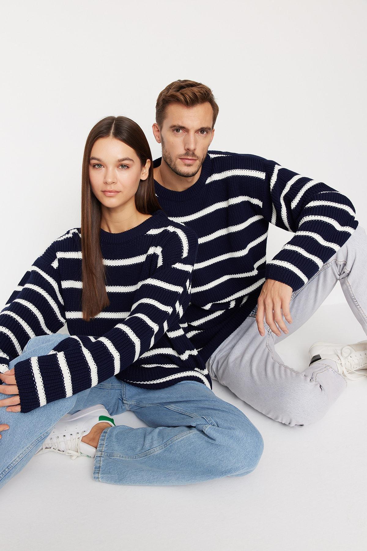 Navy Oversize Striped Crew Neck Sweater, , large image number 0