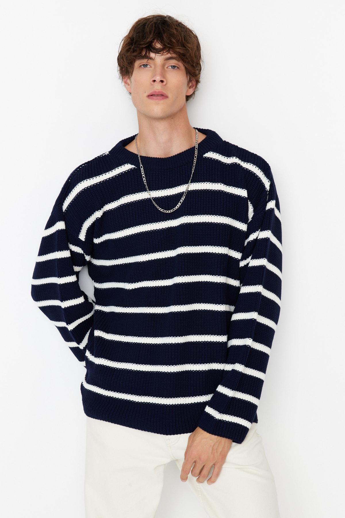 Navy Oversize Striped Crew Neck Sweater, , large image number 1