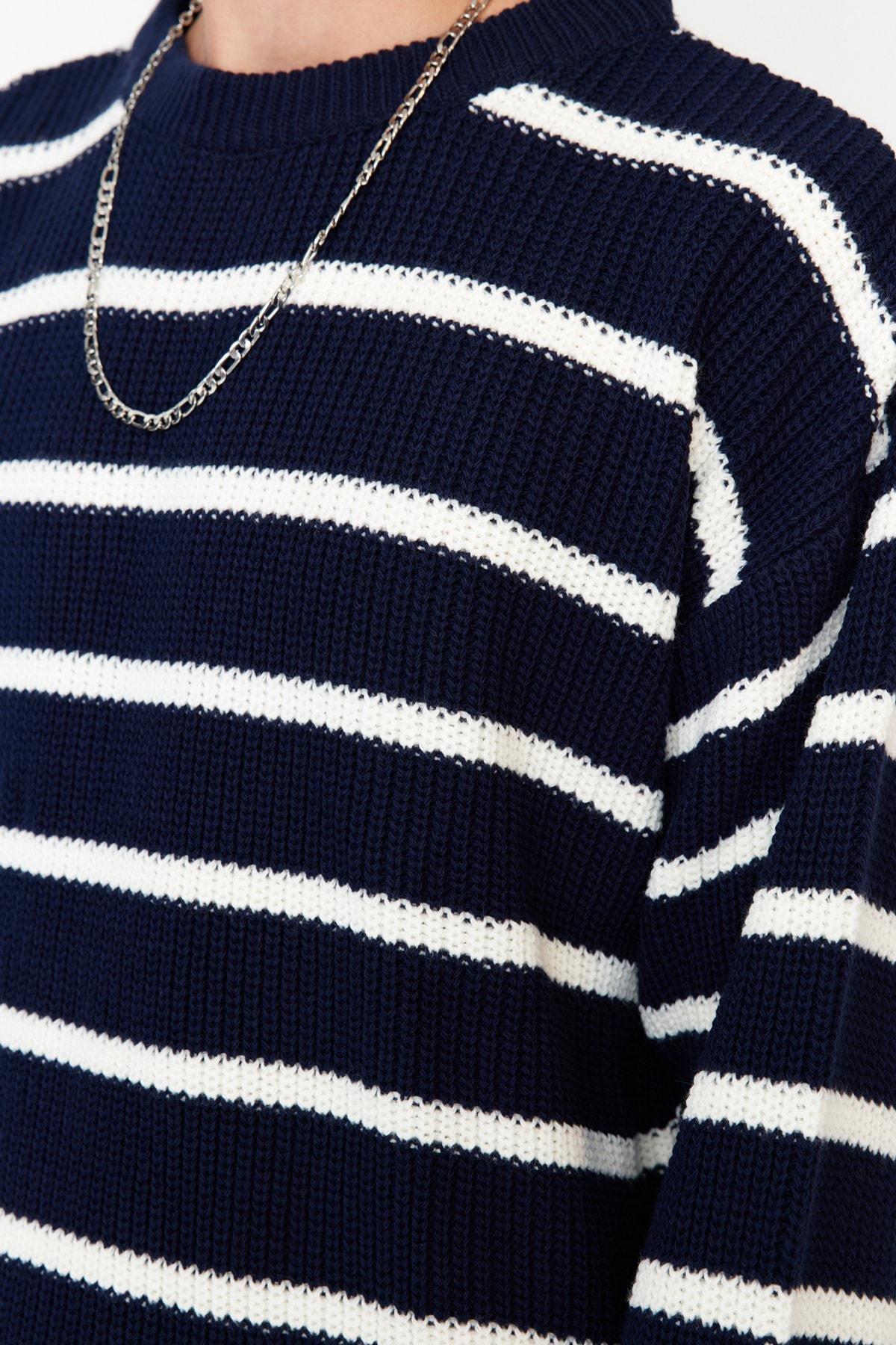 Navy Oversize Striped Crew Neck Sweater, , large image number 2