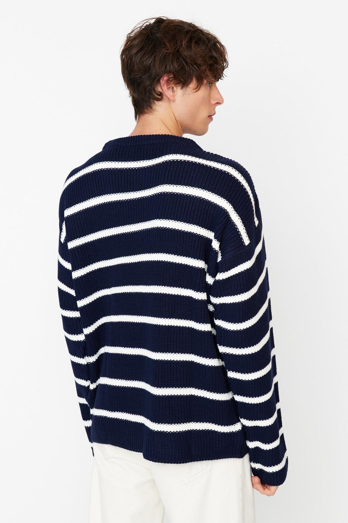 Navy Oversize Striped Crew Neck Sweater, , large image number 3
