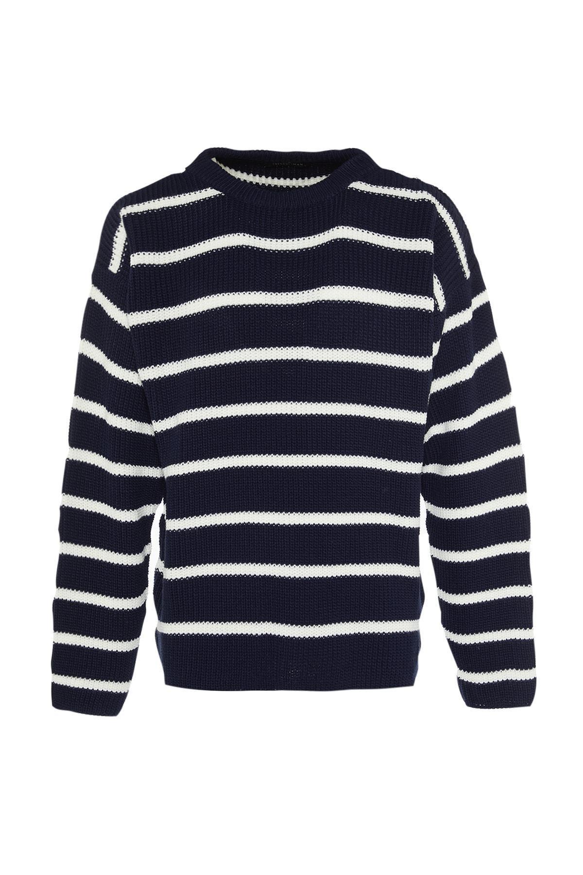 Navy Oversize Striped Crew Neck Sweater, , large image number 4