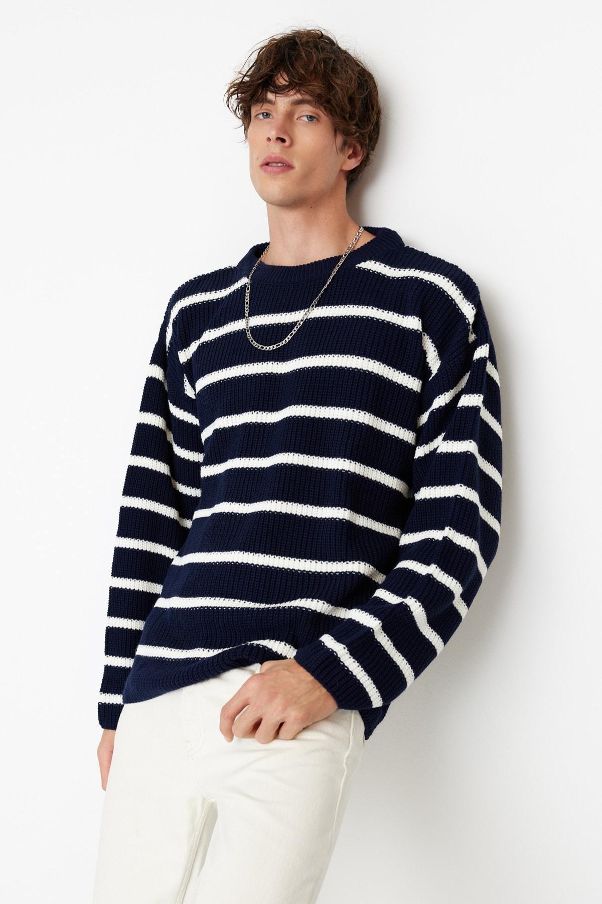 Navy Oversize Striped Crew Neck Sweater, , large image number 5