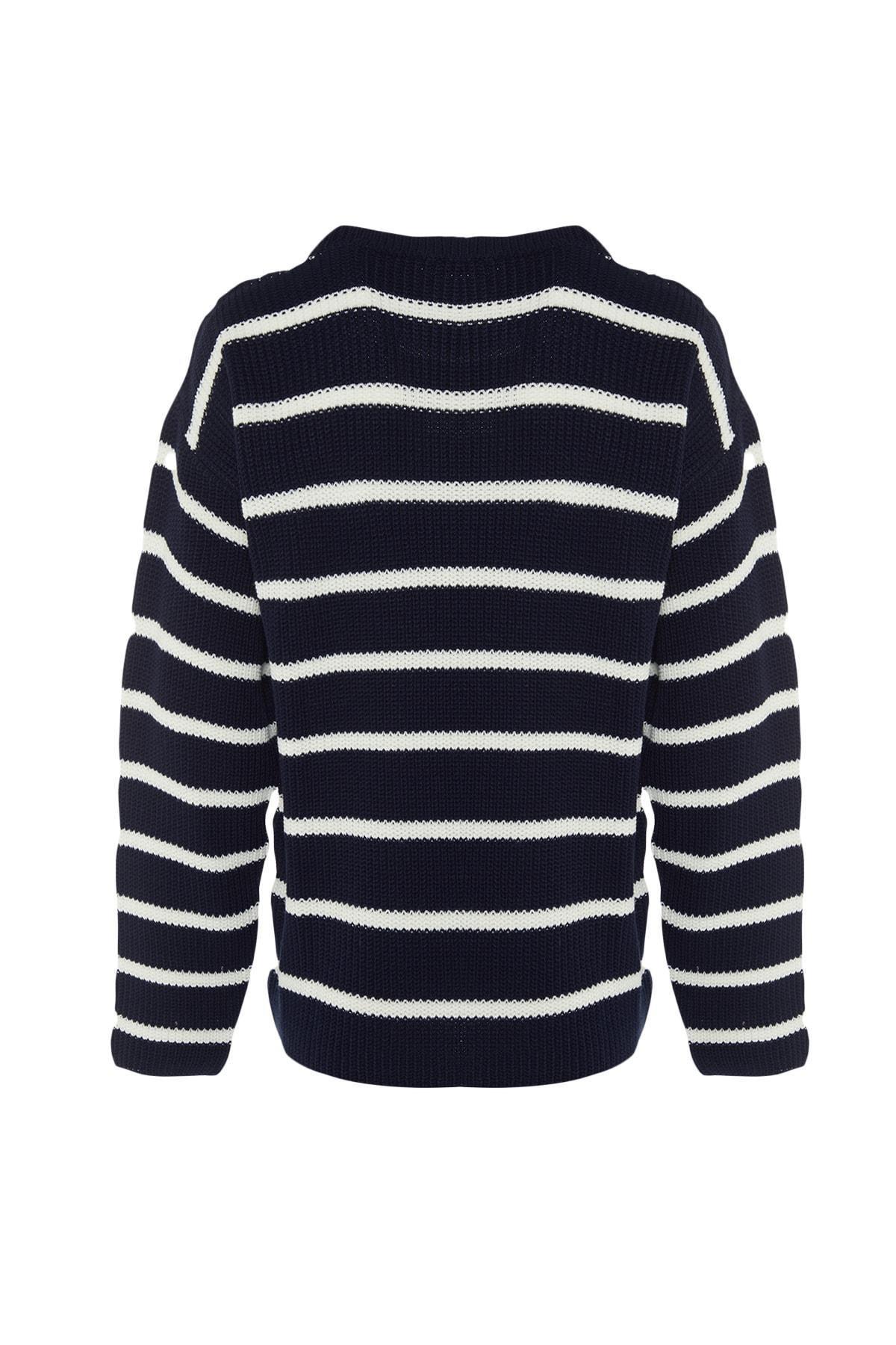 Navy Oversize Striped Crew Neck Sweater, , large image number 7