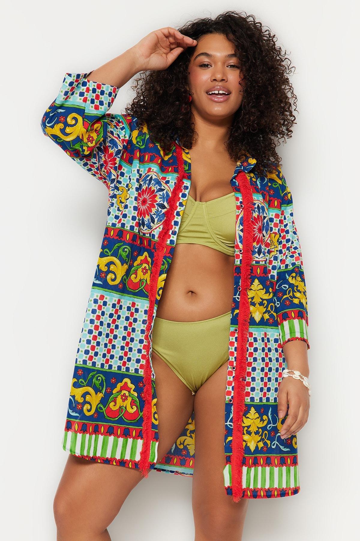 Multicolour Patterned V-Neck Plus Size Shirt, , large image number 0
