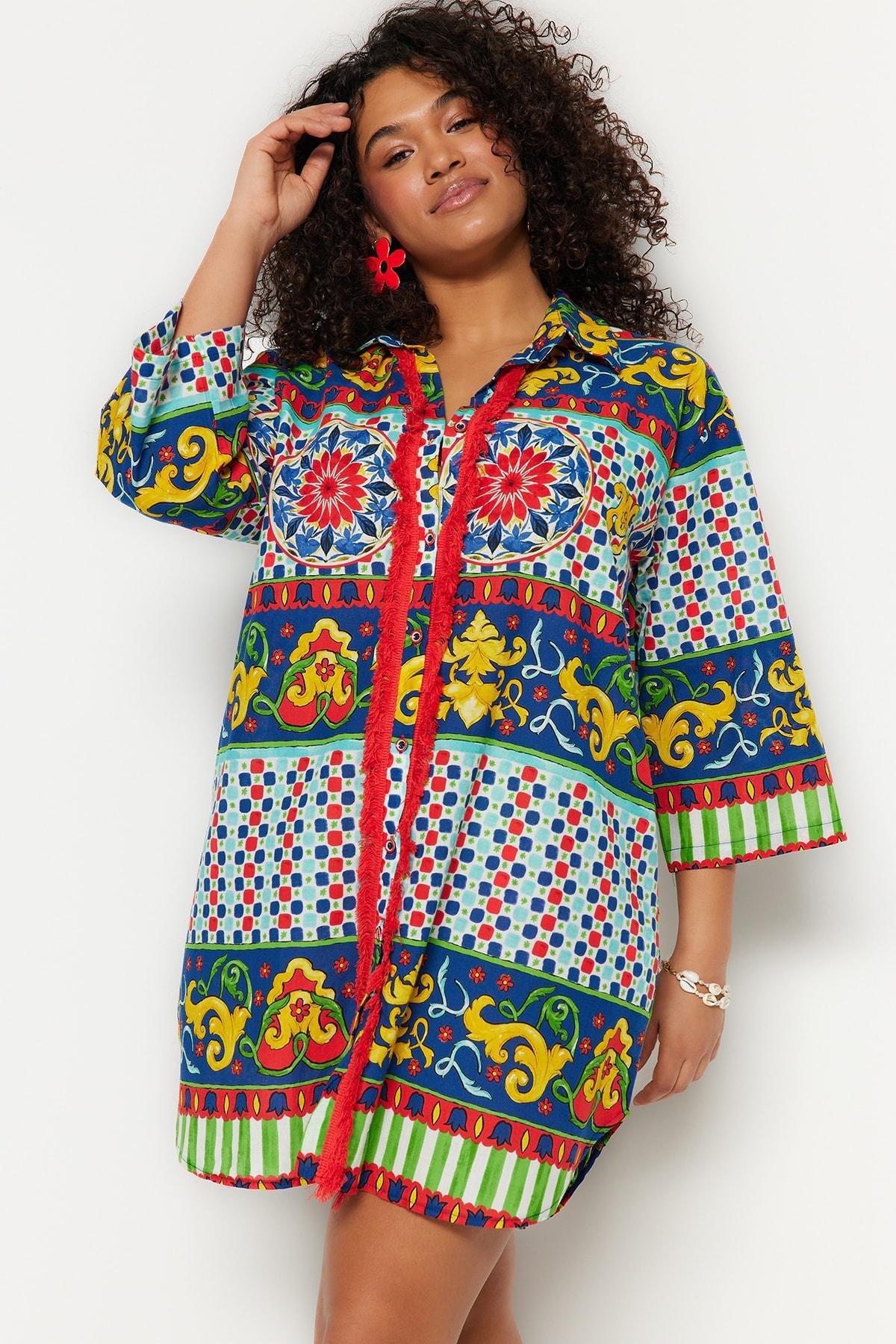 Multicolour Patterned V-Neck Plus Size Shirt, , large image number 1