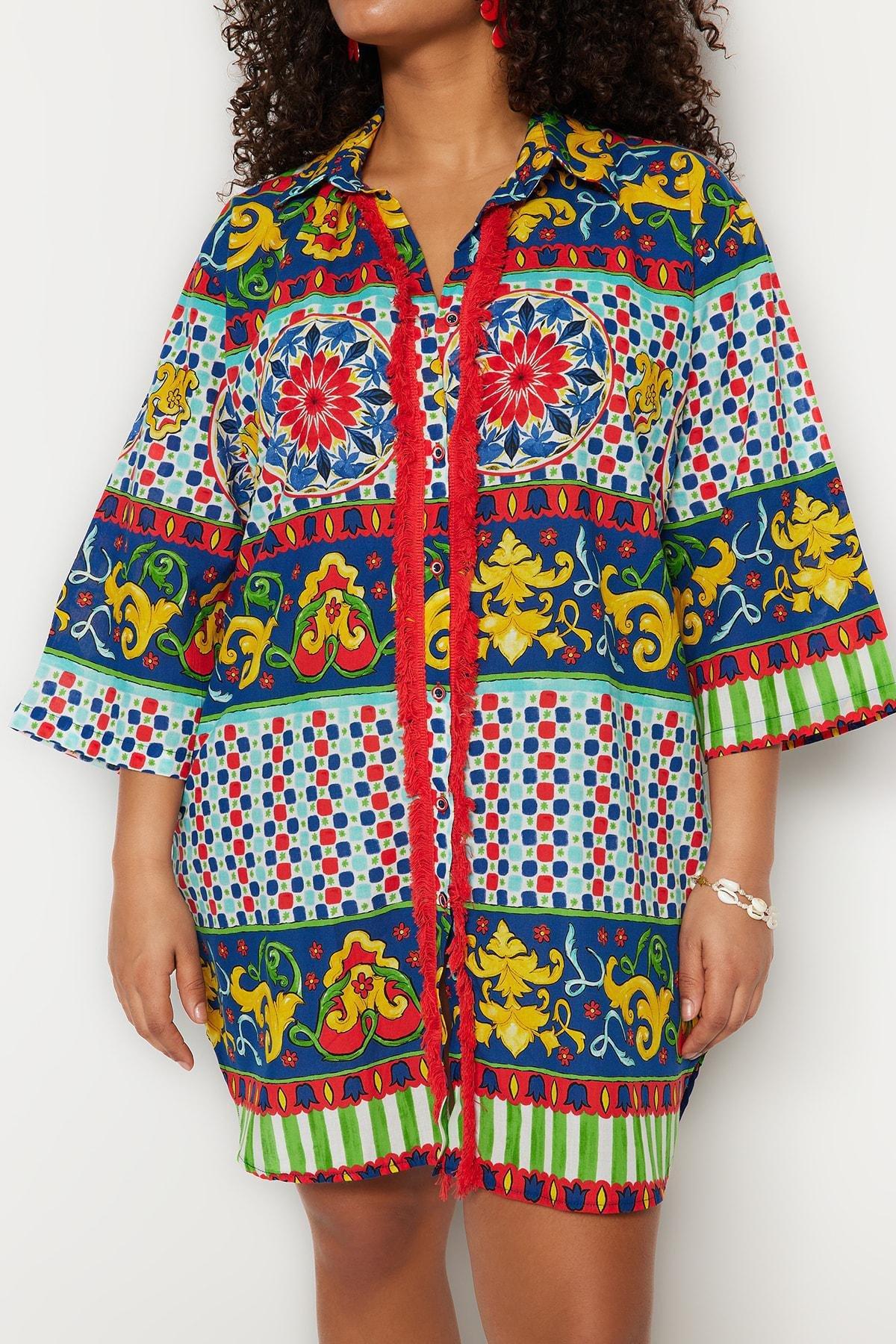 Multicolour Patterned V-Neck Plus Size Shirt, , large image number 2